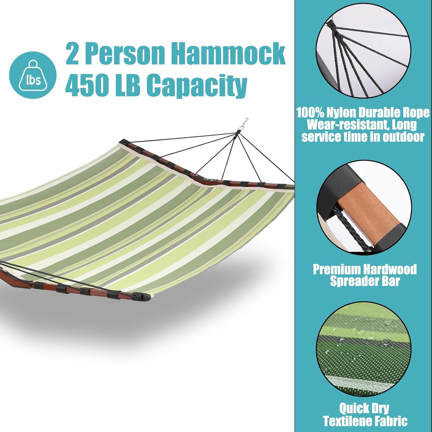 TegerDeger 12FT 2 Person Hammock Large Hammock Quick Dry 450LB Capacity with V Shaped Hardwood Spreader Bar & Nylon Rope for Outside, Patio, Garden, Backyard, Beach, Poolside - Tender Green Stripes