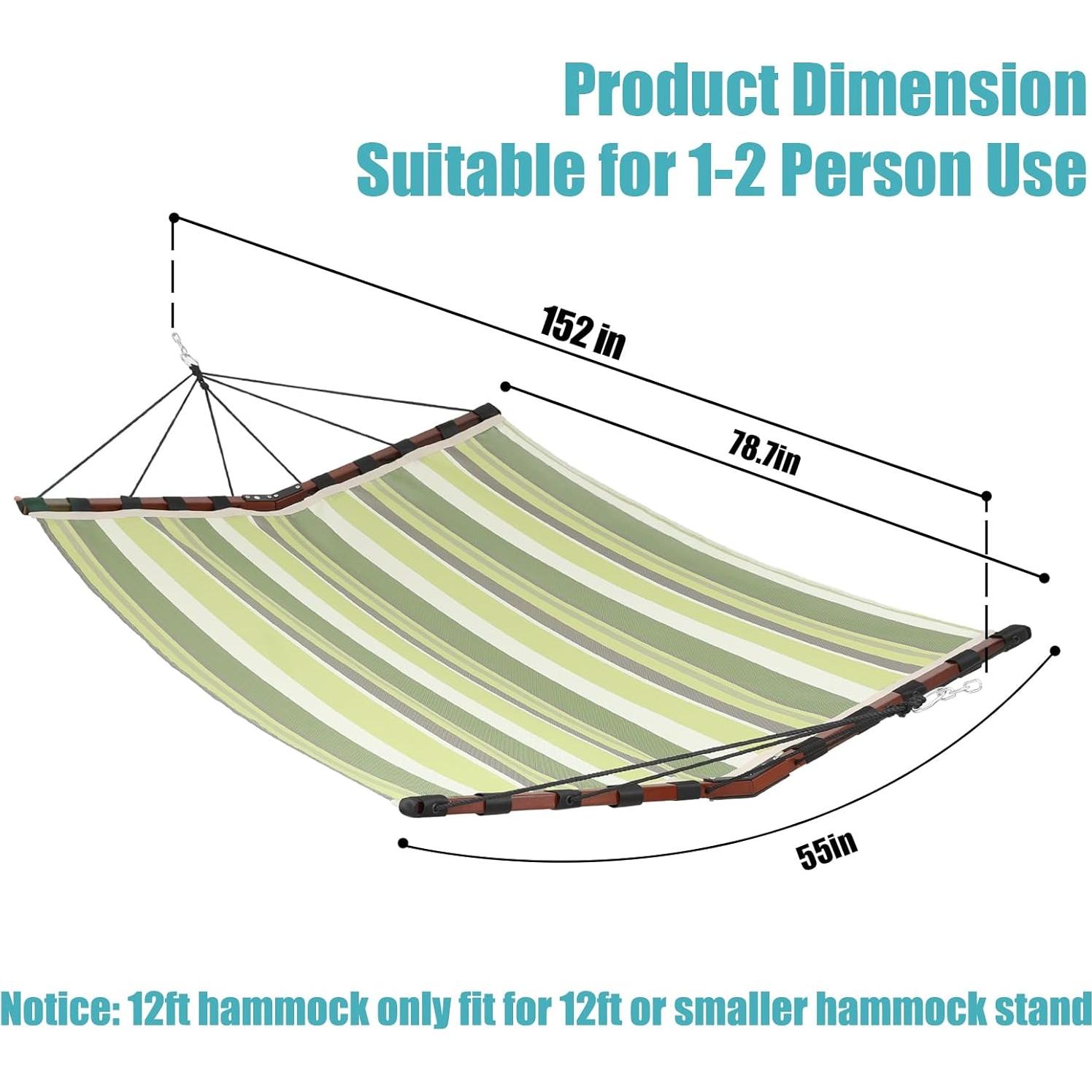 TegerDeger 12FT 2 Person Hammock Large Hammock Quick Dry 450LB Capacity with V Shaped Hardwood Spreader Bar & Nylon Rope for Outside, Patio, Garden, Backyard, Beach, Poolside - Tender Green Stripes