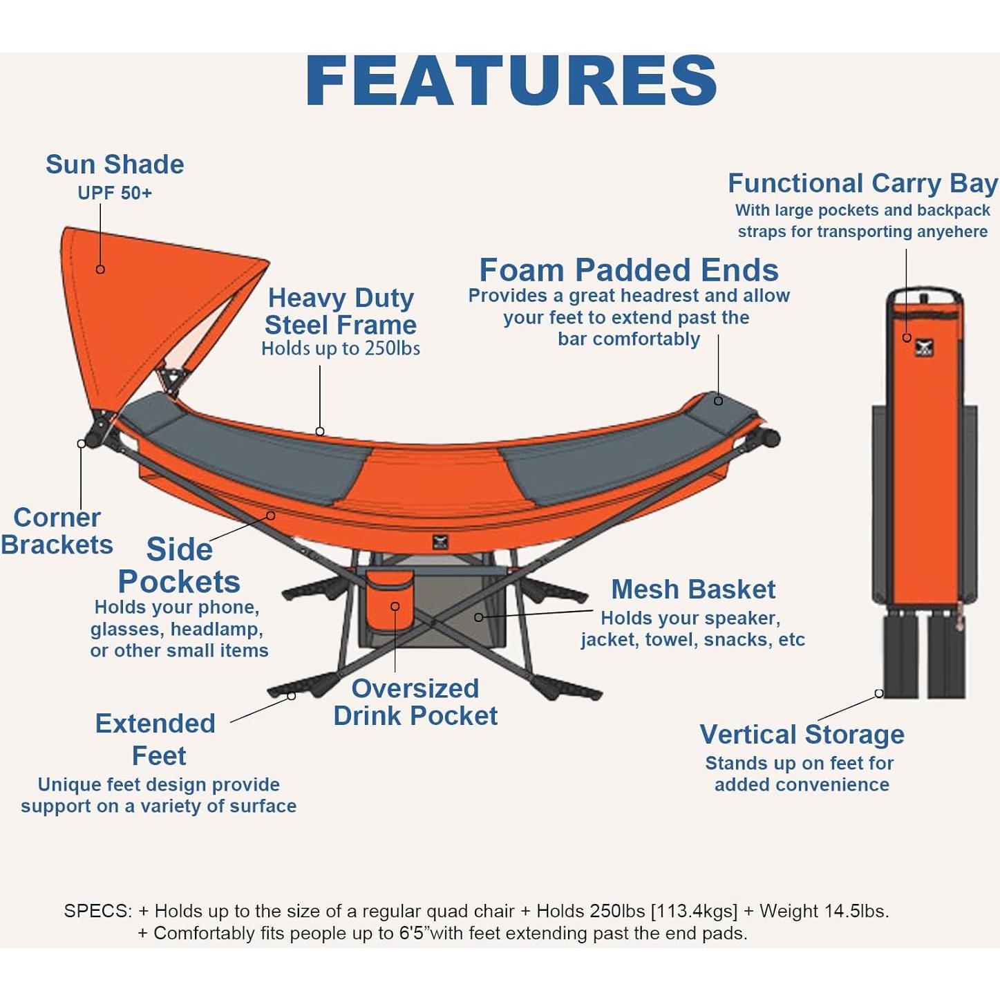 Hamaca Portátil Mock ONE® Azul con Soporte Plegable 6.8 kg