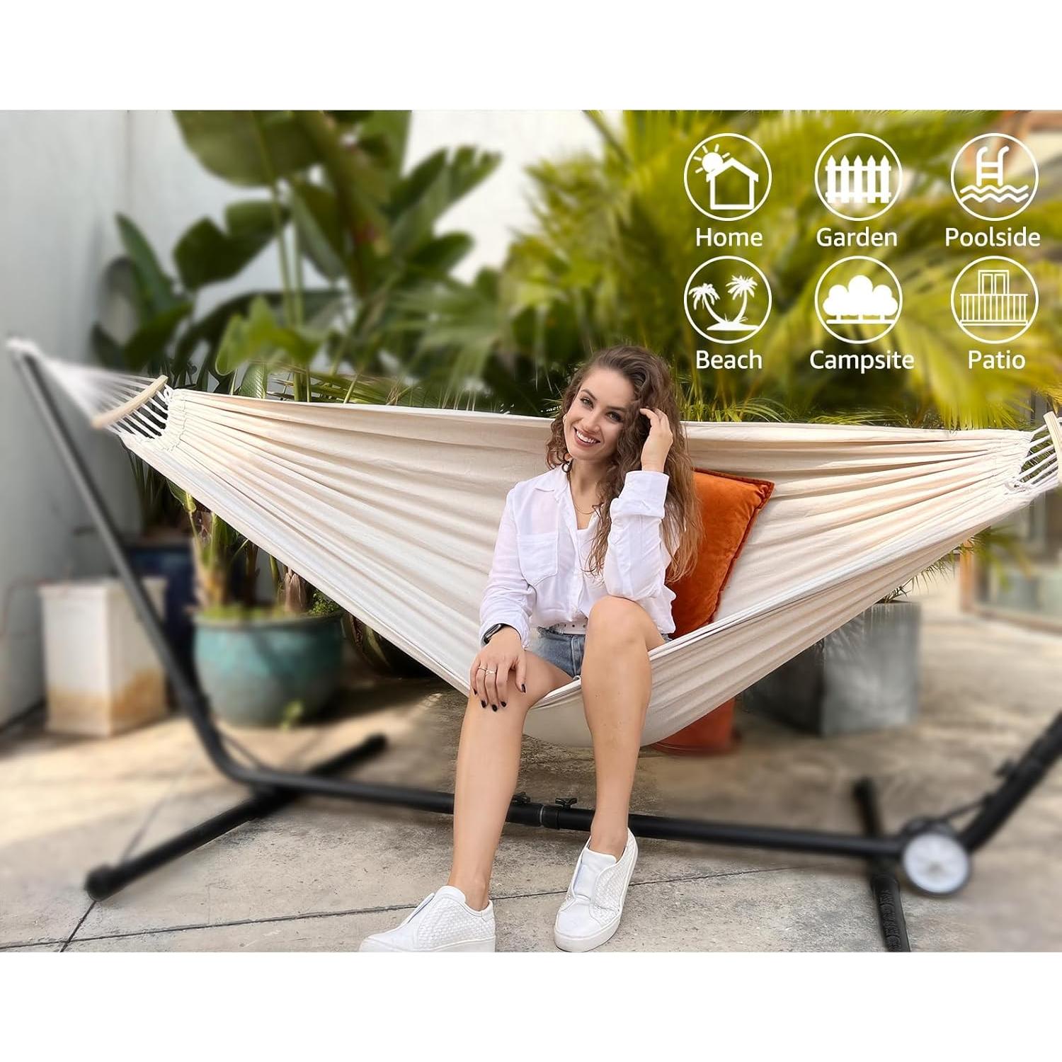 Hamaca de Algodón Anyoo Blanca con Barra de Soporte 204kg