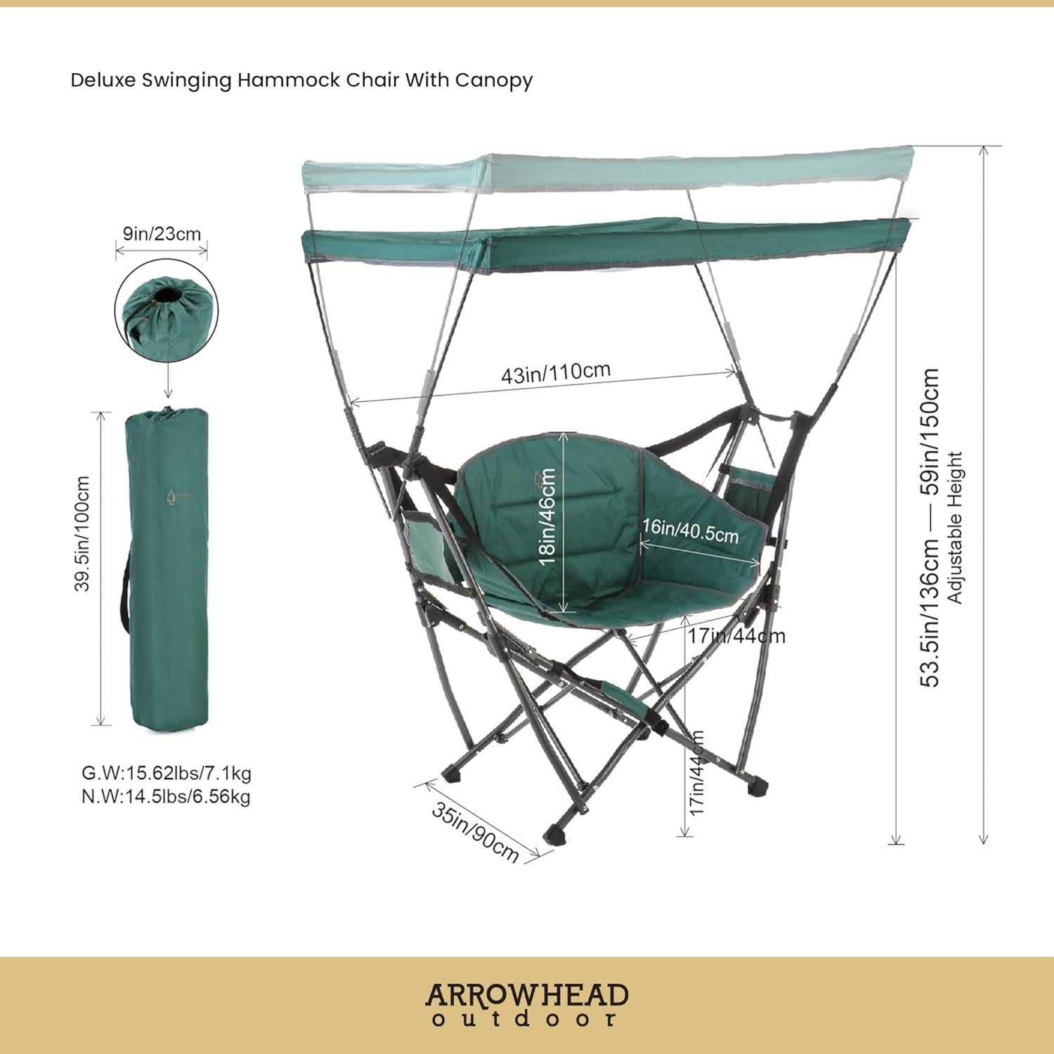 ARROWHEAD OUTDOOR Portable Folding Swinging Hammock Camping Chair, Removable Canopy, Perfect for Stargazing, Cup Holder, Storage Pouch, Carrying Bag Included, Supports up to 300lbs, USA-Based Support