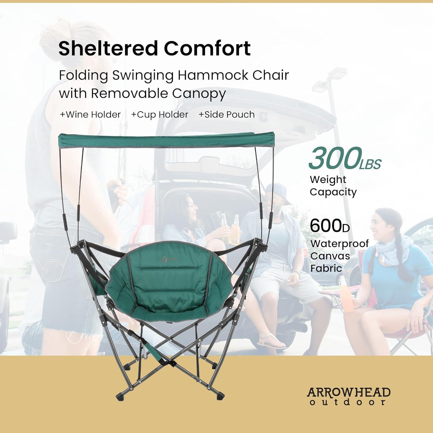 ARROWHEAD OUTDOOR Portable Folding Swinging Hammock Camping Chair, Removable Canopy, Perfect for Stargazing, Cup Holder, Storage Pouch, Carrying Bag Included, Supports up to 300lbs, USA-Based Support