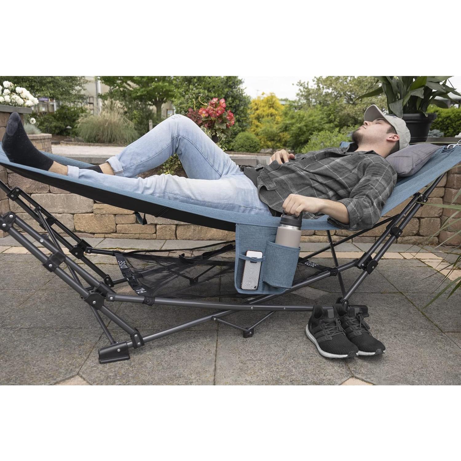 Zenithen Outdoor Patio Folding Collapsible Hammock with Sturdy Frame and Pillow, Perfect for Camping, Outdoor Recreation and as Patio Furniture, Blue (Pack of 1)