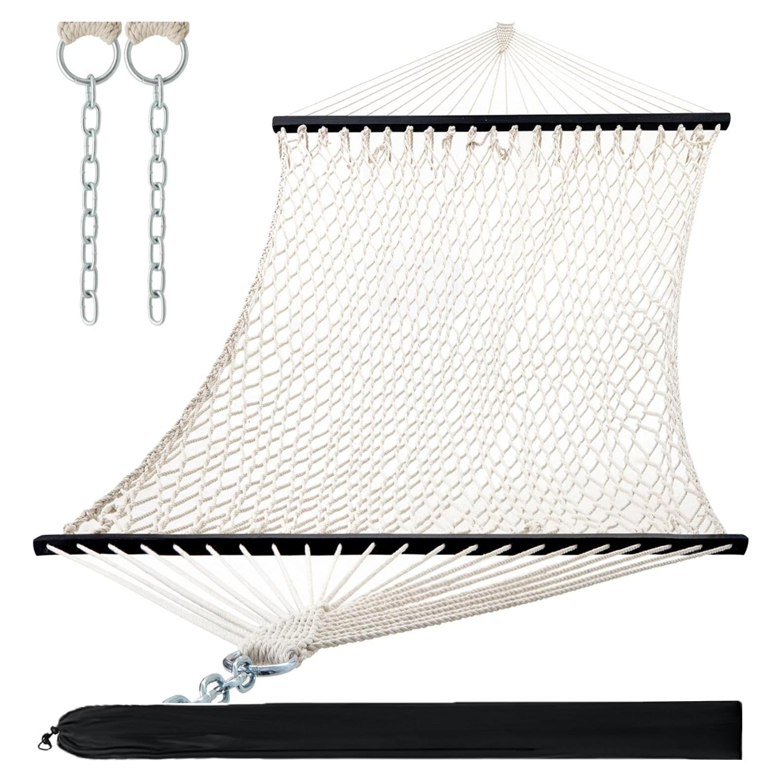 PNAEUT Double Hammocks for Outside, 13ft Traditional Rope Hammock for 2 Person with Hardwood Spreader Bar and Carrying Bag, 475 lbs Capacity (Beige)