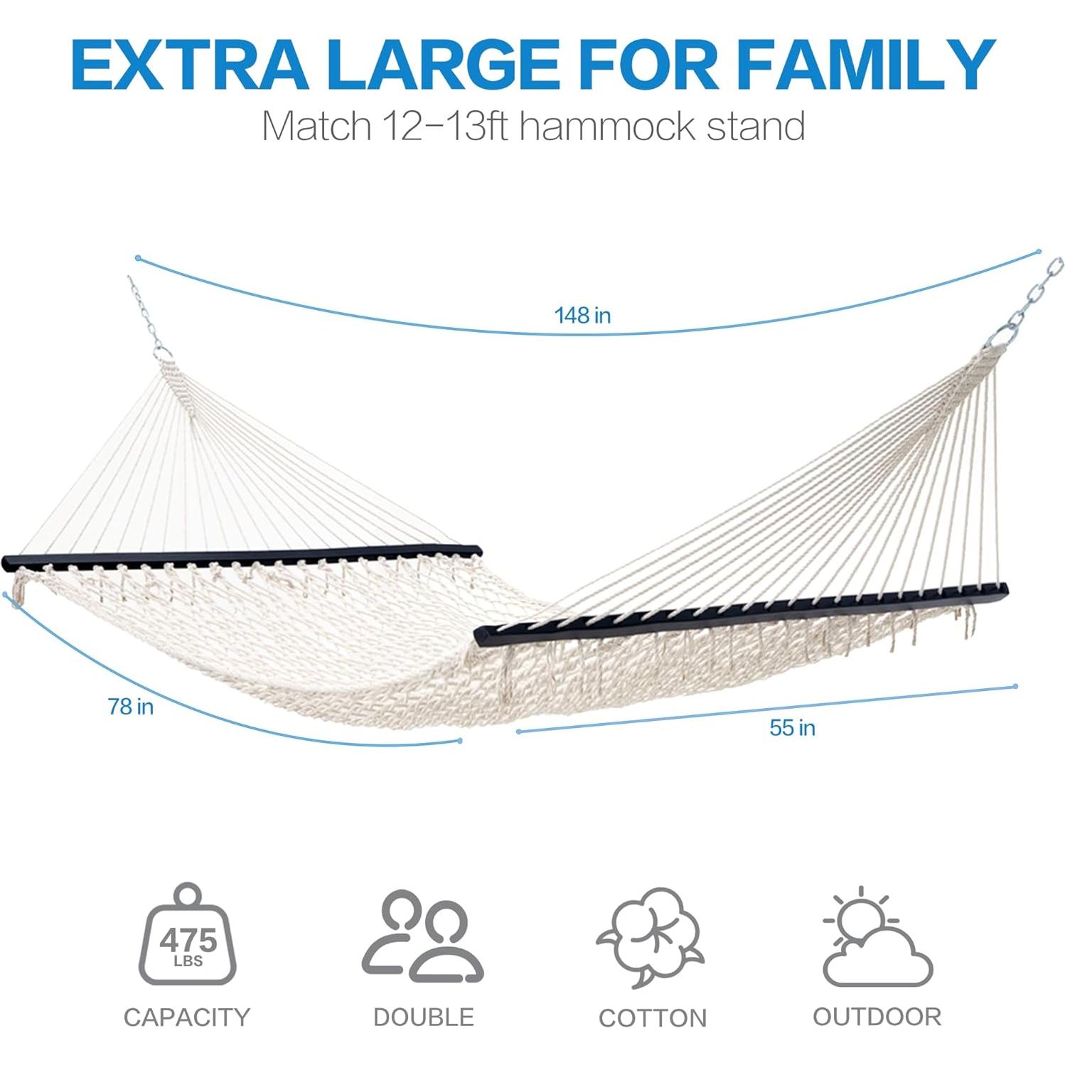 PNAEUT Double Hammocks for Outside, 13ft Traditional Rope Hammock for 2 Person with Hardwood Spreader Bar and Carrying Bag, 475 lbs Capacity (Beige)