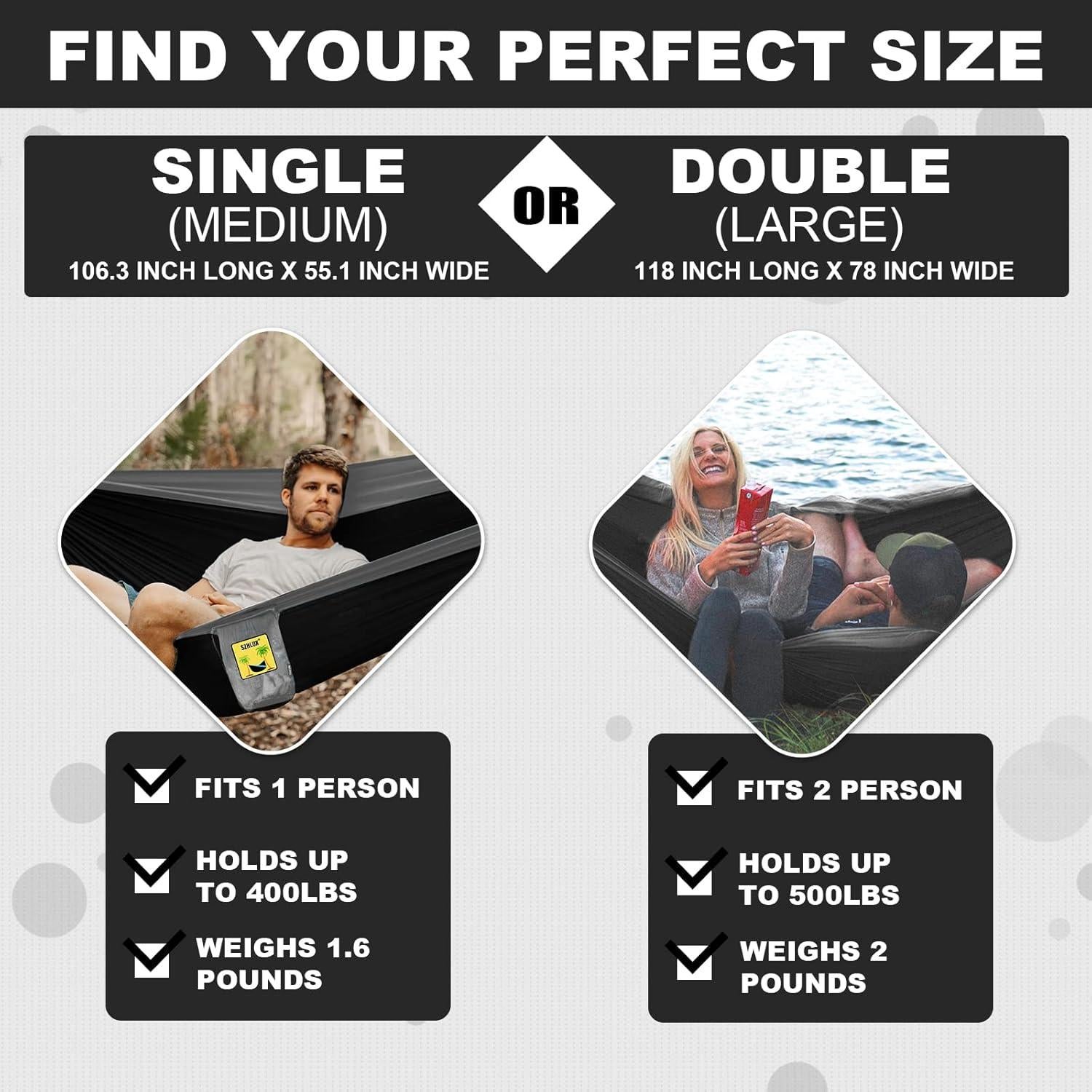 Hamaca Doble de Camping SZHLUX 500LBS Negra y Gris