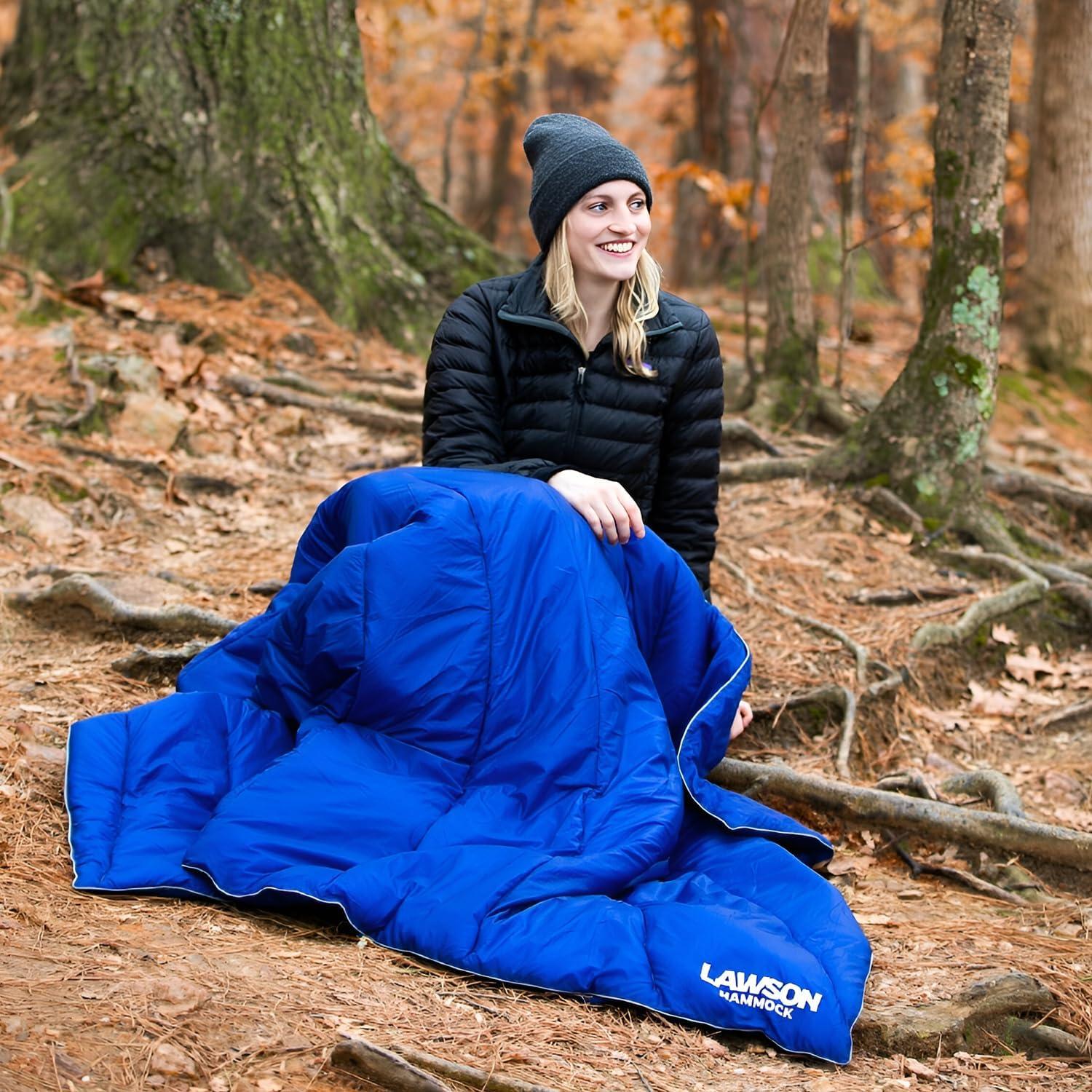 Lawson Hammock Camping Blanket, Nylon Ripstop Synthetic Fill Throw Rated to 32F / 0C, Waterproof, Poncho Clips for Handsfree Use (Blue)