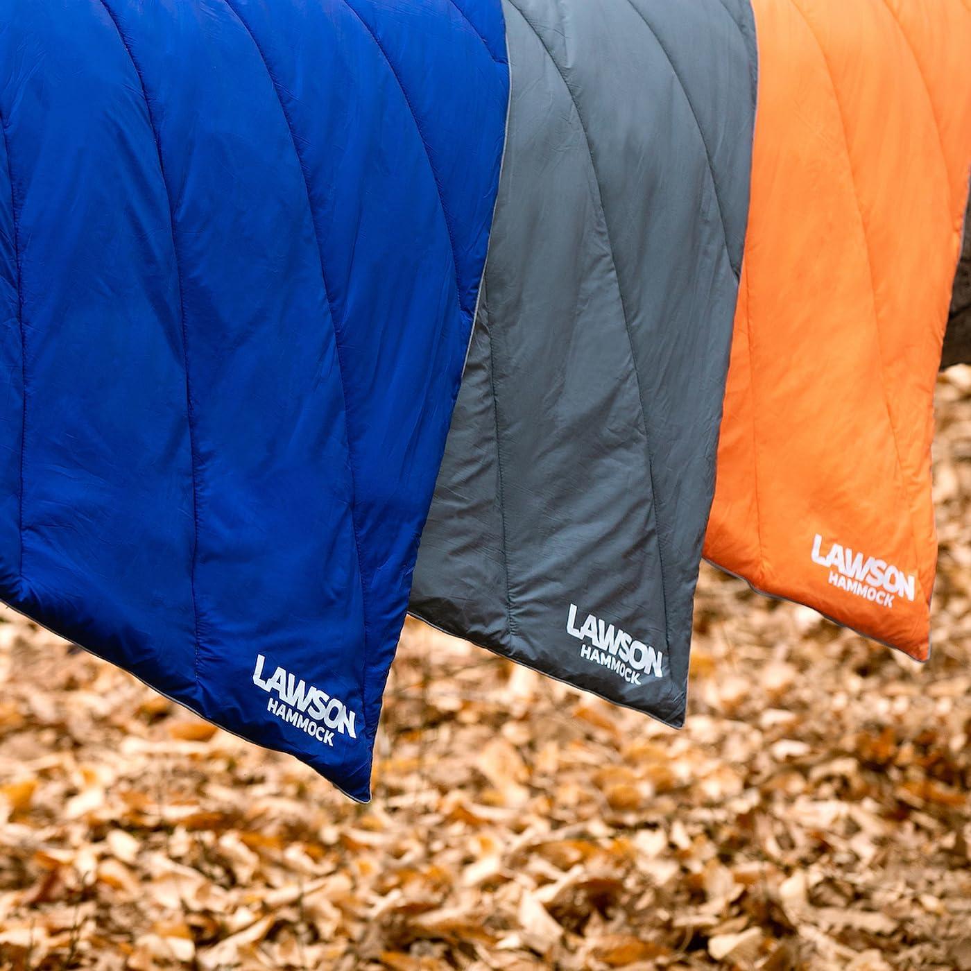 Lawson Hammock Camping Blanket, Nylon Ripstop Synthetic Fill Throw Rated to 32F / 0C, Waterproof, Poncho Clips for Handsfree Use (Blue)