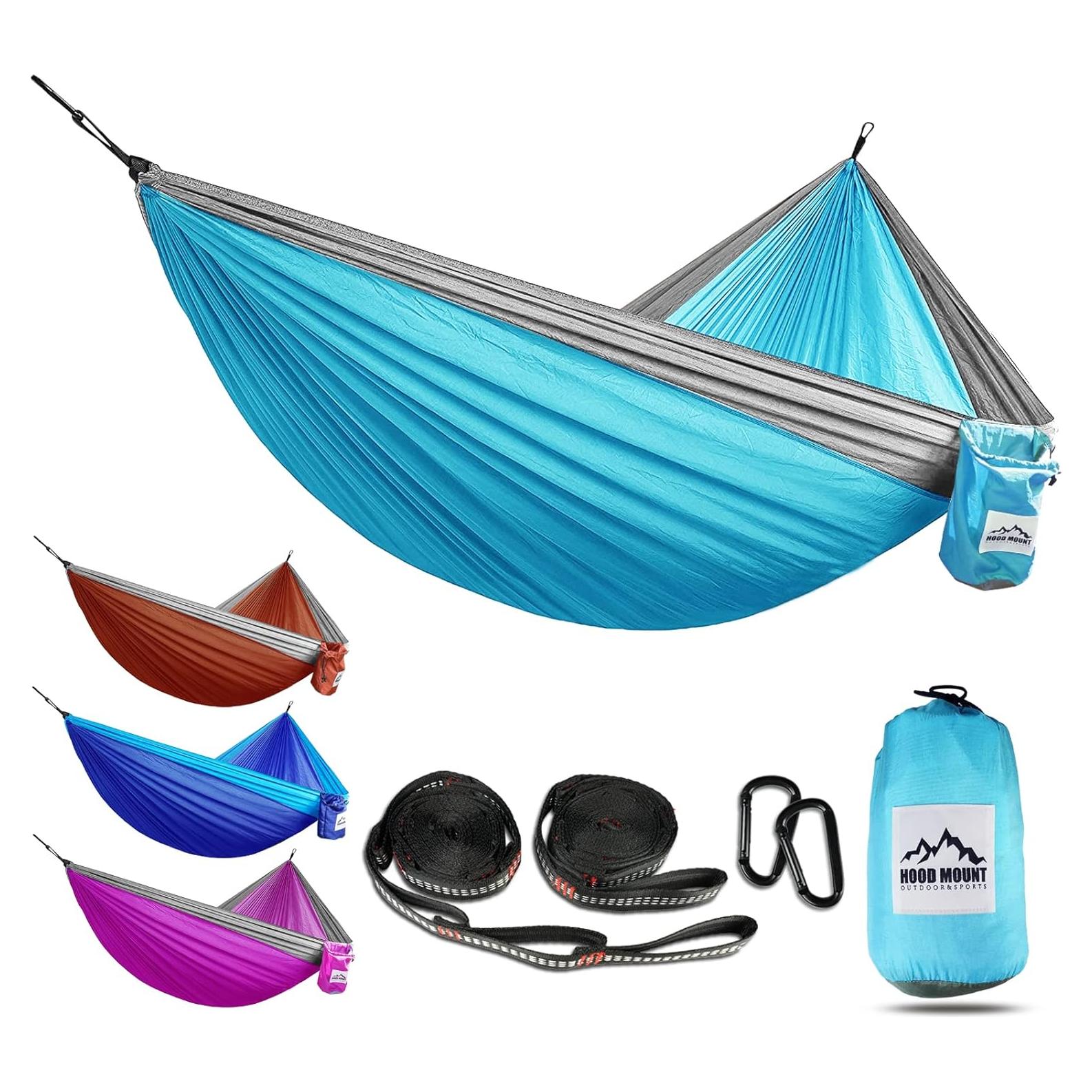 Hamaca de Camping Doble HOOD MOUNT Nylon Liviano Azul y Gris