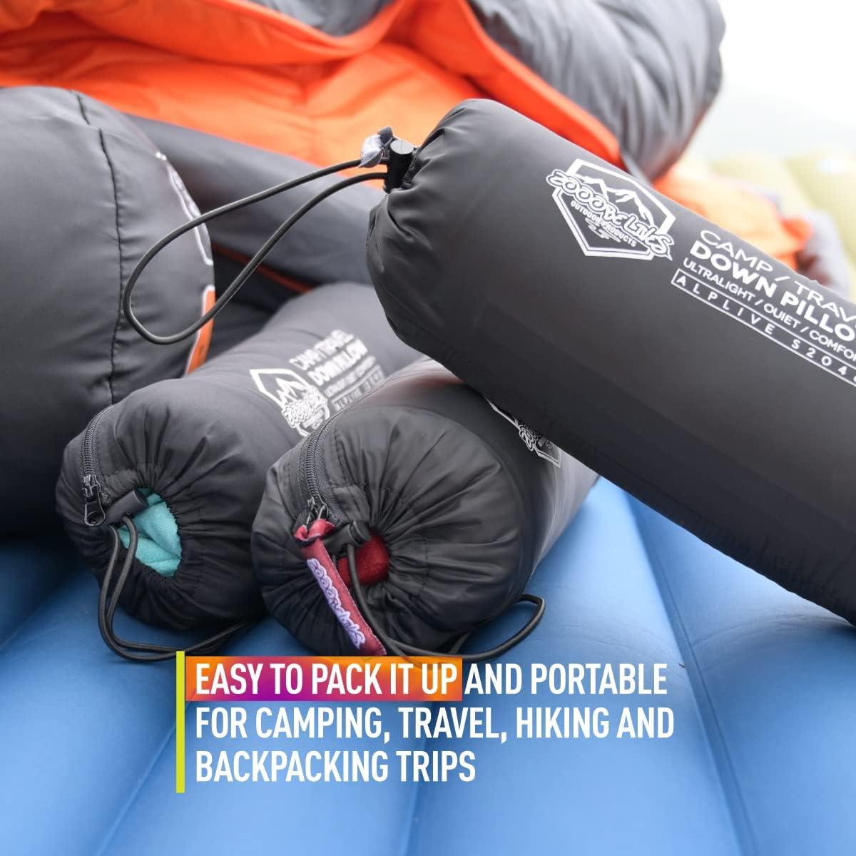 Down Filled Camping Pillow for Travel, Washable Soft Cover, Small Camp Cushion for Neck & Lumbar Support On-The-Go, Ultralight & Compressible for Hiking Backpacking - AlpliveS2046