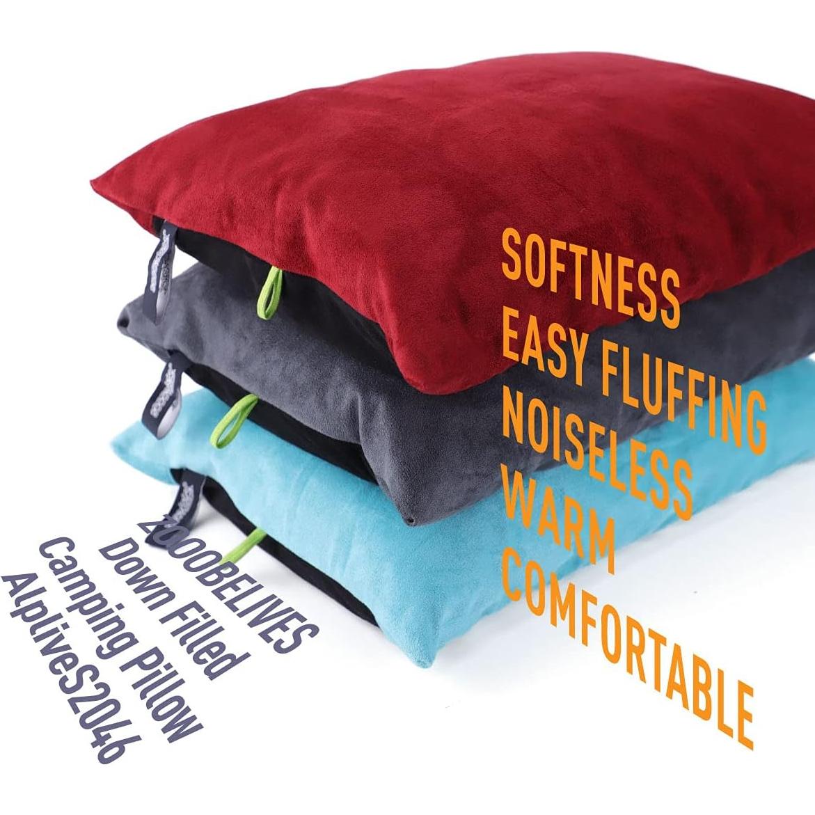 Down Filled Camping Pillow for Travel, Washable Soft Cover, Small Camp Cushion for Neck & Lumbar Support On-The-Go, Ultralight & Compressible for Hiking Backpacking - AlpliveS2046