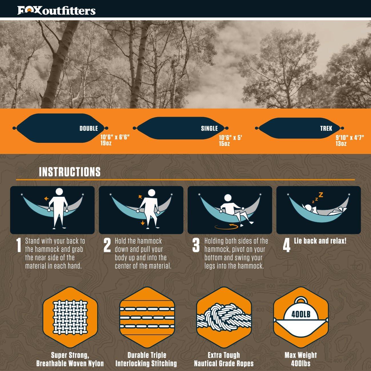 Hamaca de Camping Fox Outfitters Individual Nylon 181 kg Gris/Naranja