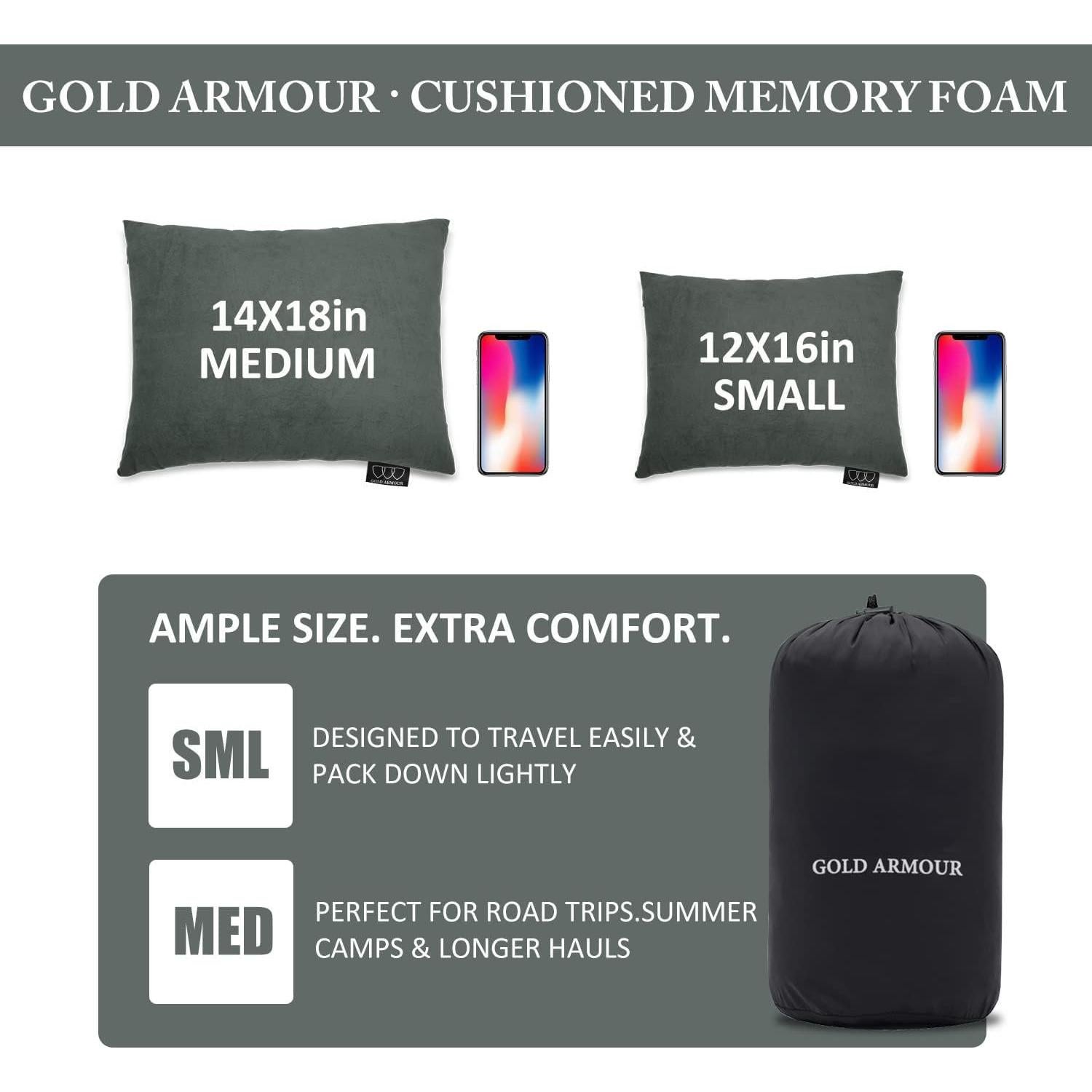 Almohada de Camping Gold Armour Mediana Espuma de Memoria 35.6x45.7cm Gris