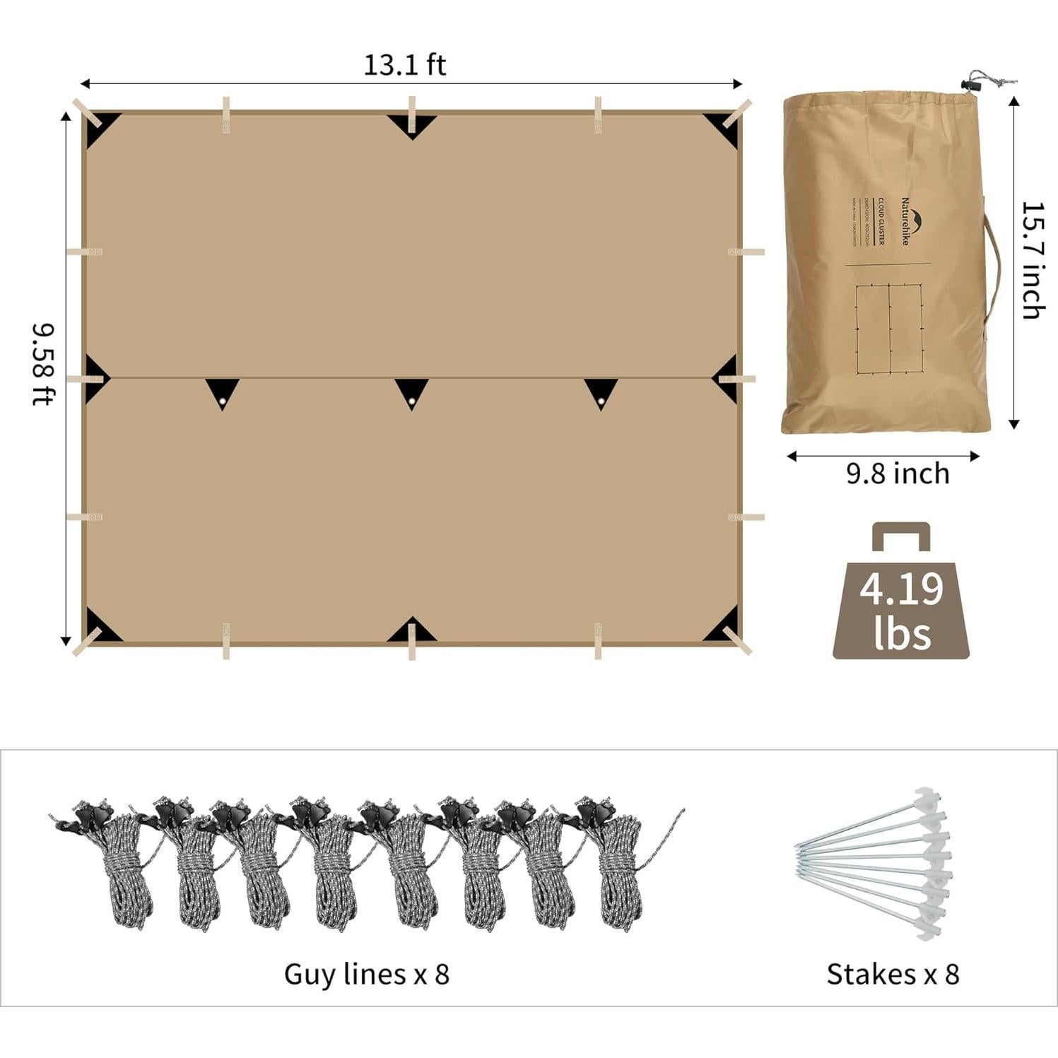 Naturehike 13.1 x 9.58 ft Waterproof Camping Tarp, Ultralight Backpacking Tarp, Multifunctional Hammock Rain Shelter for Camping, UV Protection Sun Shelter Rain Fly Tent Tarp