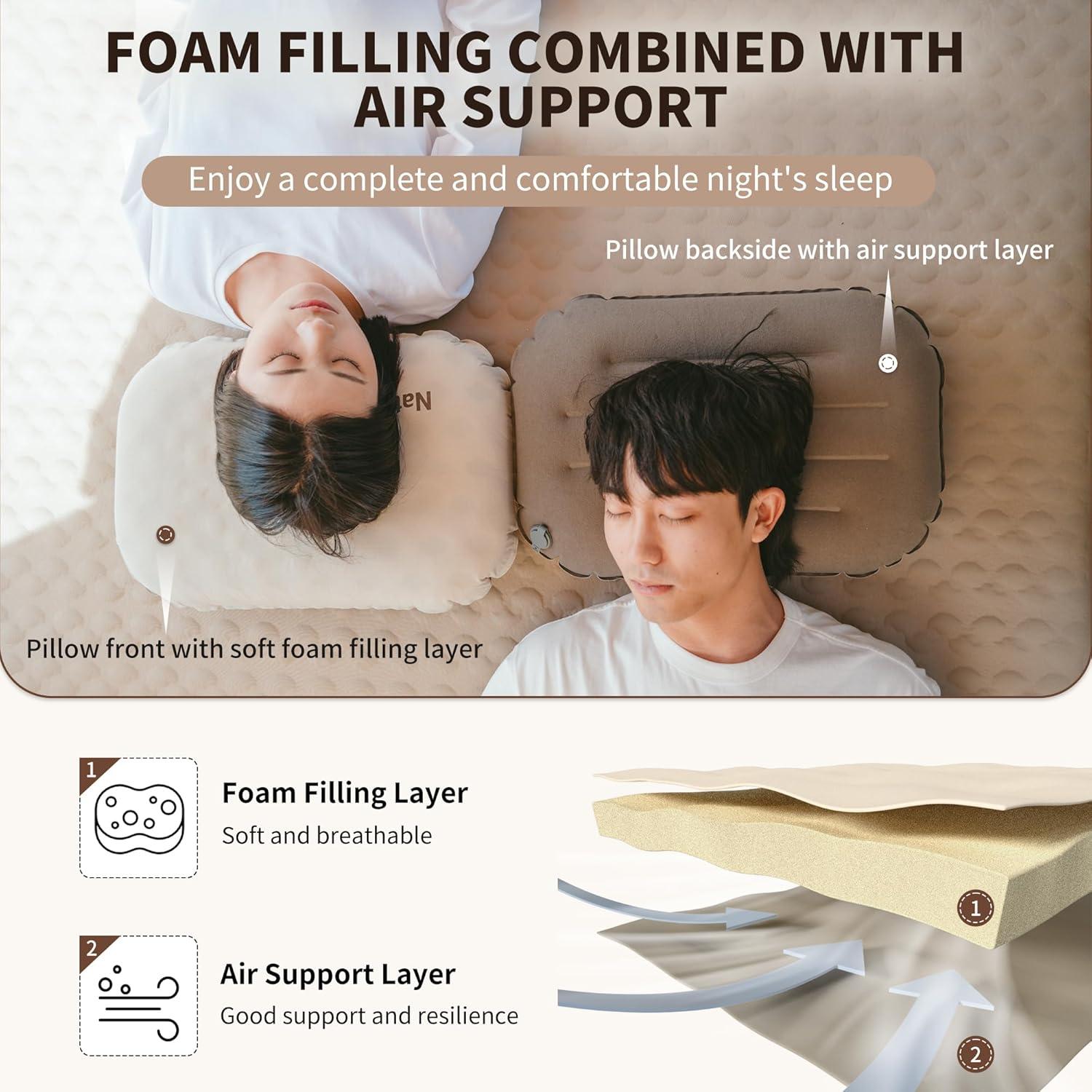 Naturehike 5.7oz Ultralight Inflatable Foam Bed Pillow, Adjustable Firmness Ergonomic Camping Pillows for Travel, Hiking, Backpacking, Home, 2024 Asia Outdoor Gear Awards