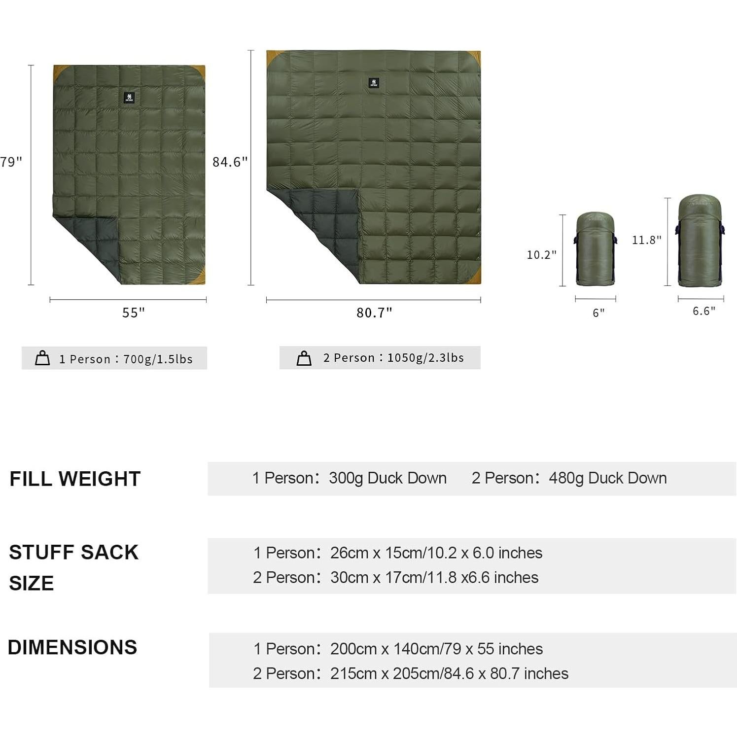 Manta de Camping OneTigris Down Verde Ranger 1 Persona 700g