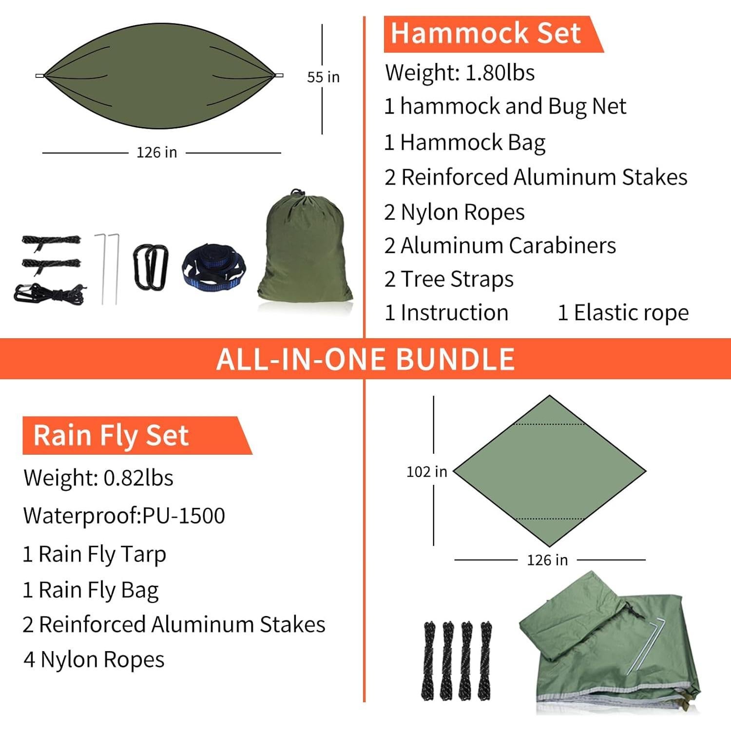 Hamaca de Camping NewDoar con Red Mosquitera y Toldo 290x140cm