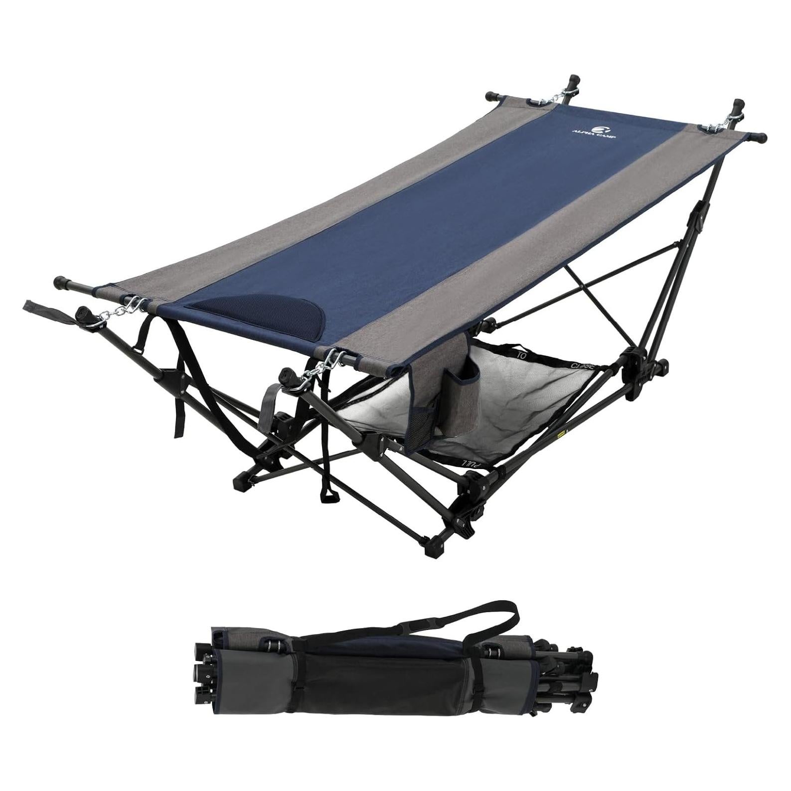 Portable Hammock Bed with Stand, Foldable Lounge Camping Bed for Patio, Backyard, Garden, Poolside, Beach, Lawn, Porch Include Pillow, Storage Net, Side Pocket with Cup Holder