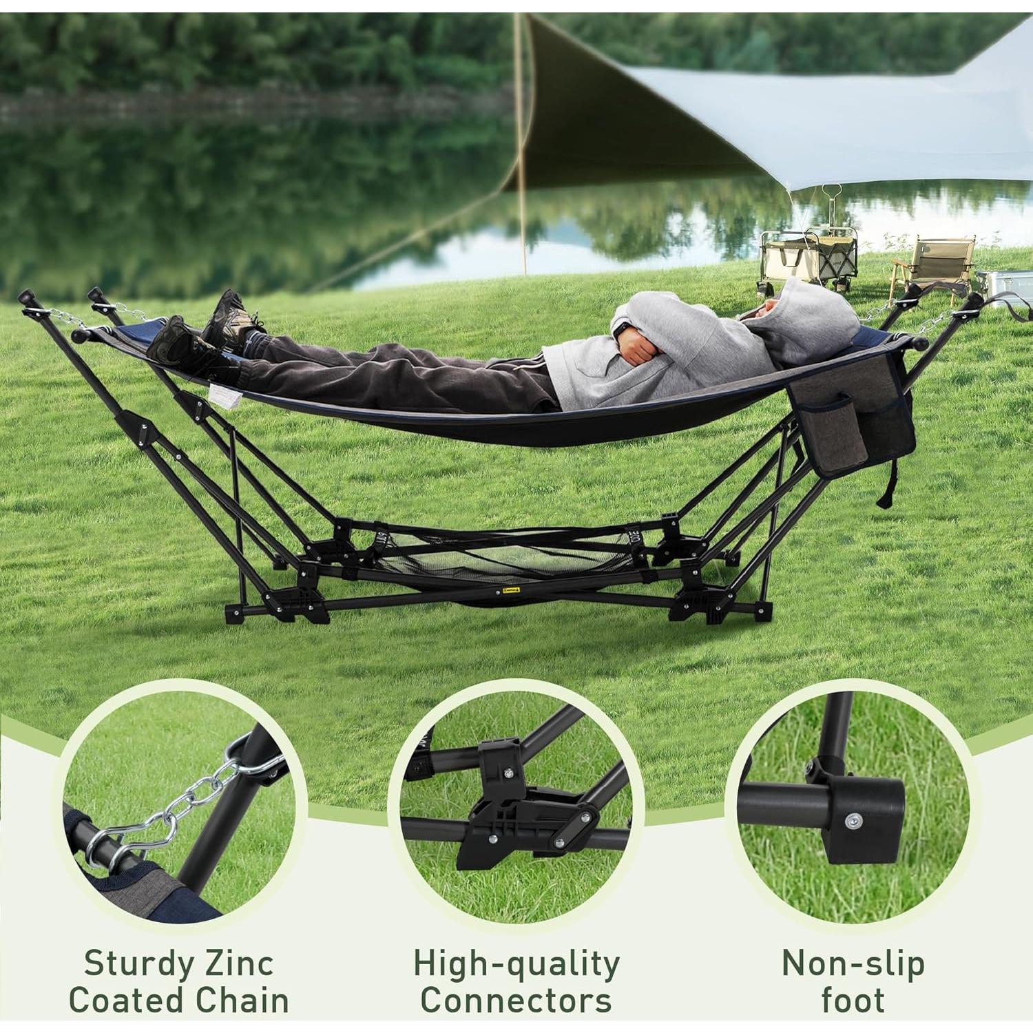 Portable Hammock Bed with Stand, Foldable Lounge Camping Bed for Patio, Backyard, Garden, Poolside, Beach, Lawn, Porch Include Pillow, Storage Net, Side Pocket with Cup Holder