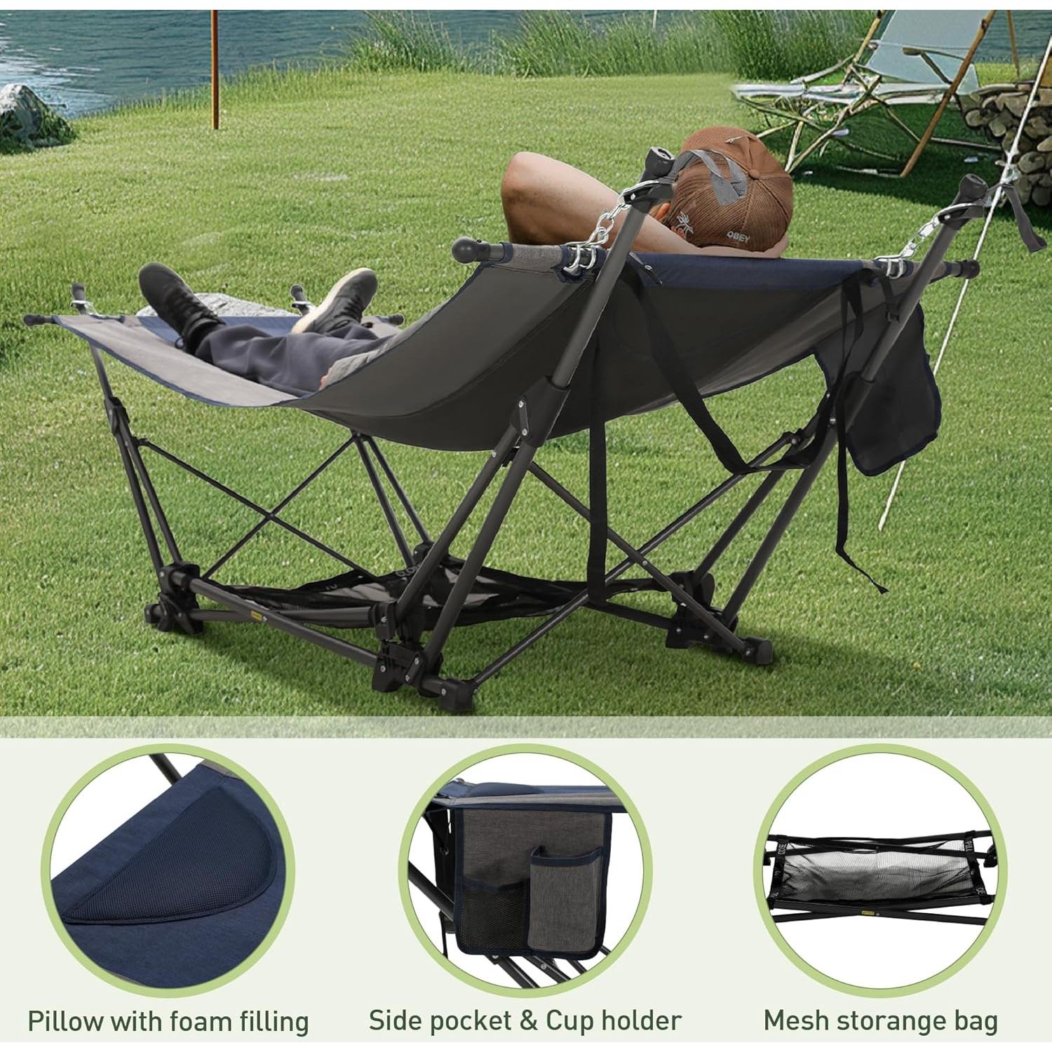 Portable Hammock Bed with Stand, Foldable Lounge Camping Bed for Patio, Backyard, Garden, Poolside, Beach, Lawn, Porch Include Pillow, Storage Net, Side Pocket with Cup Holder