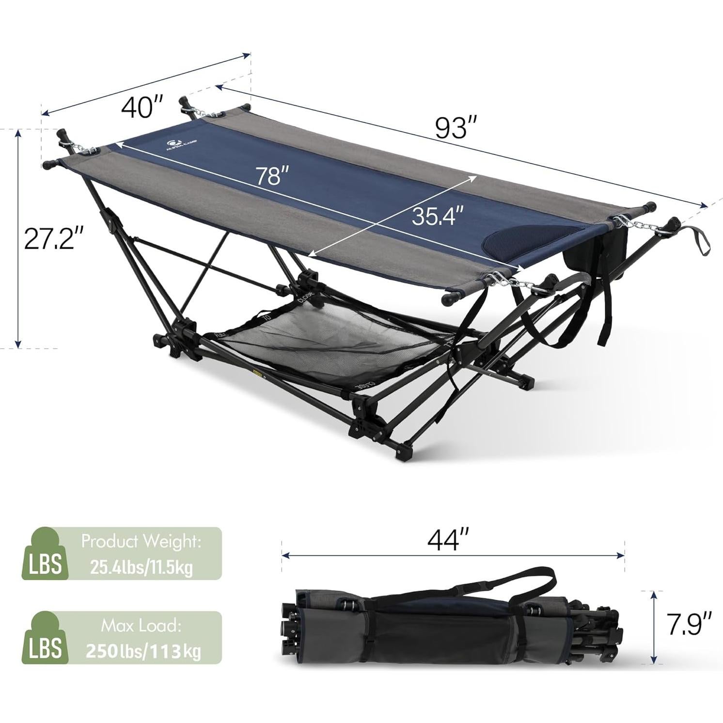 Portable Hammock Bed with Stand, Foldable Lounge Camping Bed for Patio, Backyard, Garden, Poolside, Beach, Lawn, Porch Include Pillow, Storage Net, Side Pocket with Cup Holder