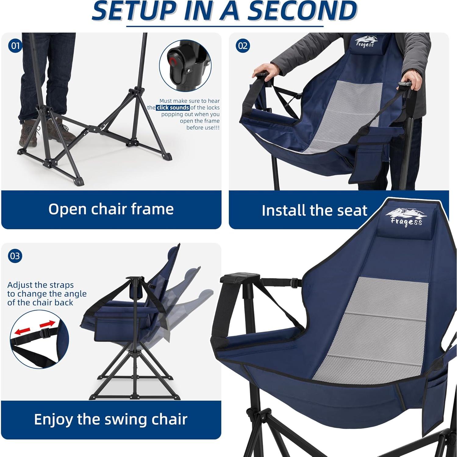 Silla de Hamaca Plegable Fragess Azul con Respaldo Ajustable 150kg