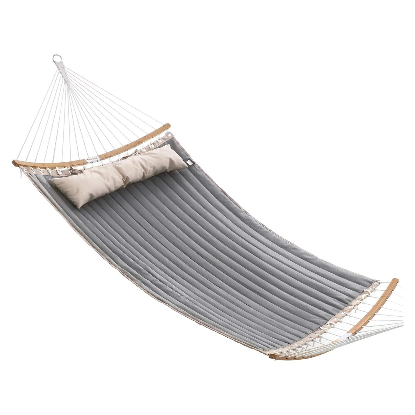 SONGMICS Hammock, Quilted Hammock with Curved Bamboo Spreaders, Pillow, 78.7 x 55.1 Inches, Portable Padded Hammock Holds up to 495 lb, Gray and Beige UGDC34CG