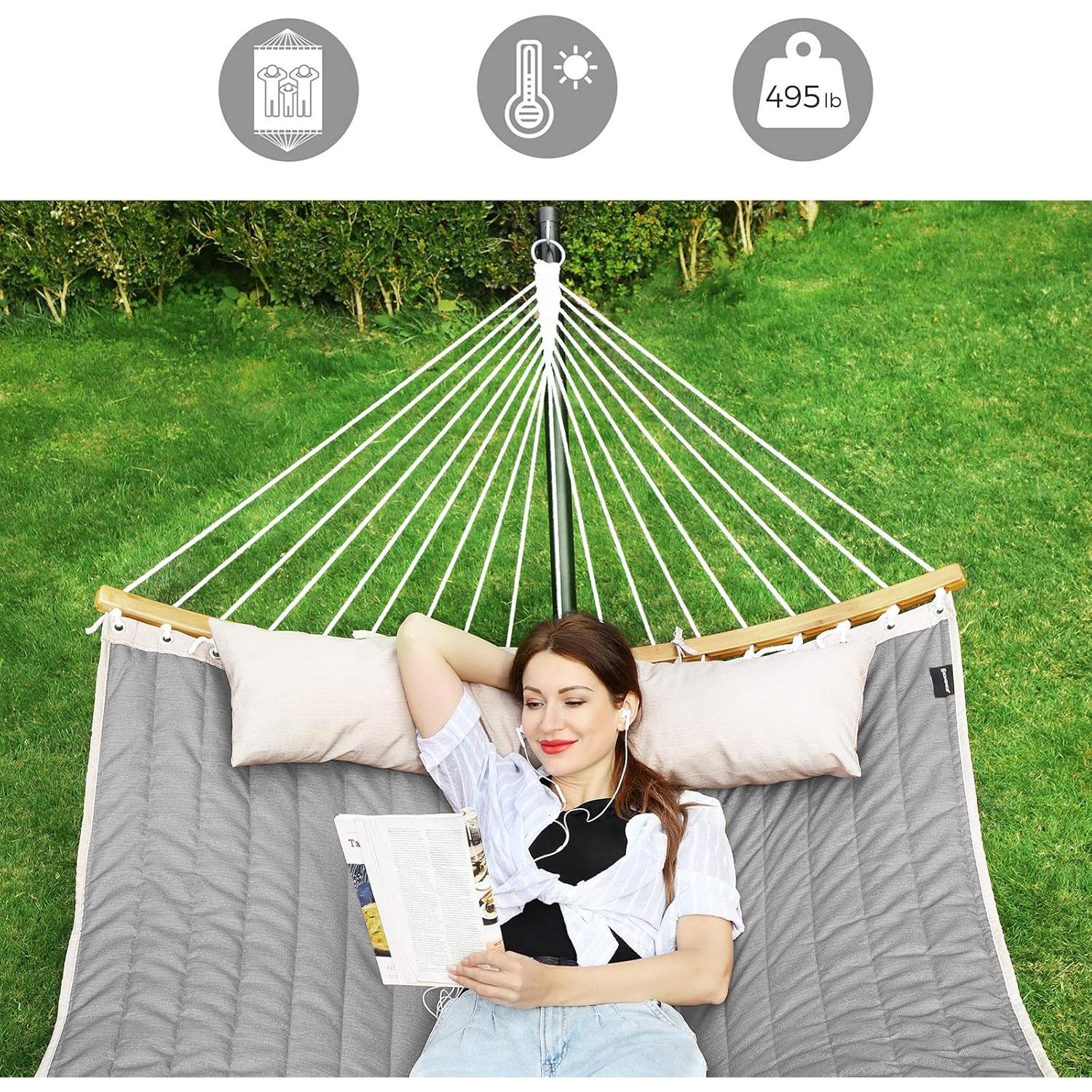 SONGMICS Hammock, Quilted Hammock with Curved Bamboo Spreaders, Pillow, 78.7 x 55.1 Inches, Portable Padded Hammock Holds up to 495 lb, Gray and Beige UGDC34CG