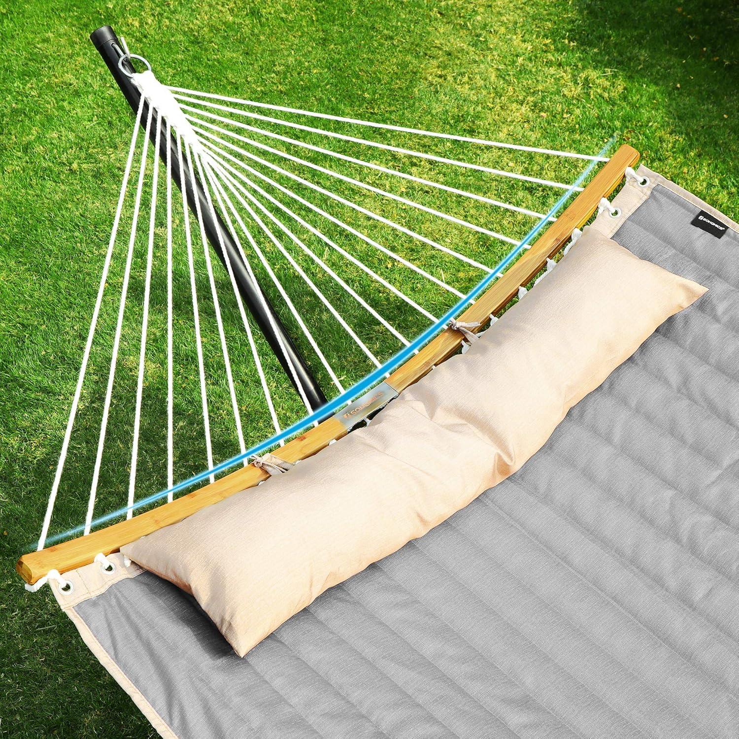 SONGMICS Hammock, Quilted Hammock with Curved Bamboo Spreaders, Pillow, 78.7 x 55.1 Inches, Portable Padded Hammock Holds up to 495 lb, Gray and Beige UGDC34CG