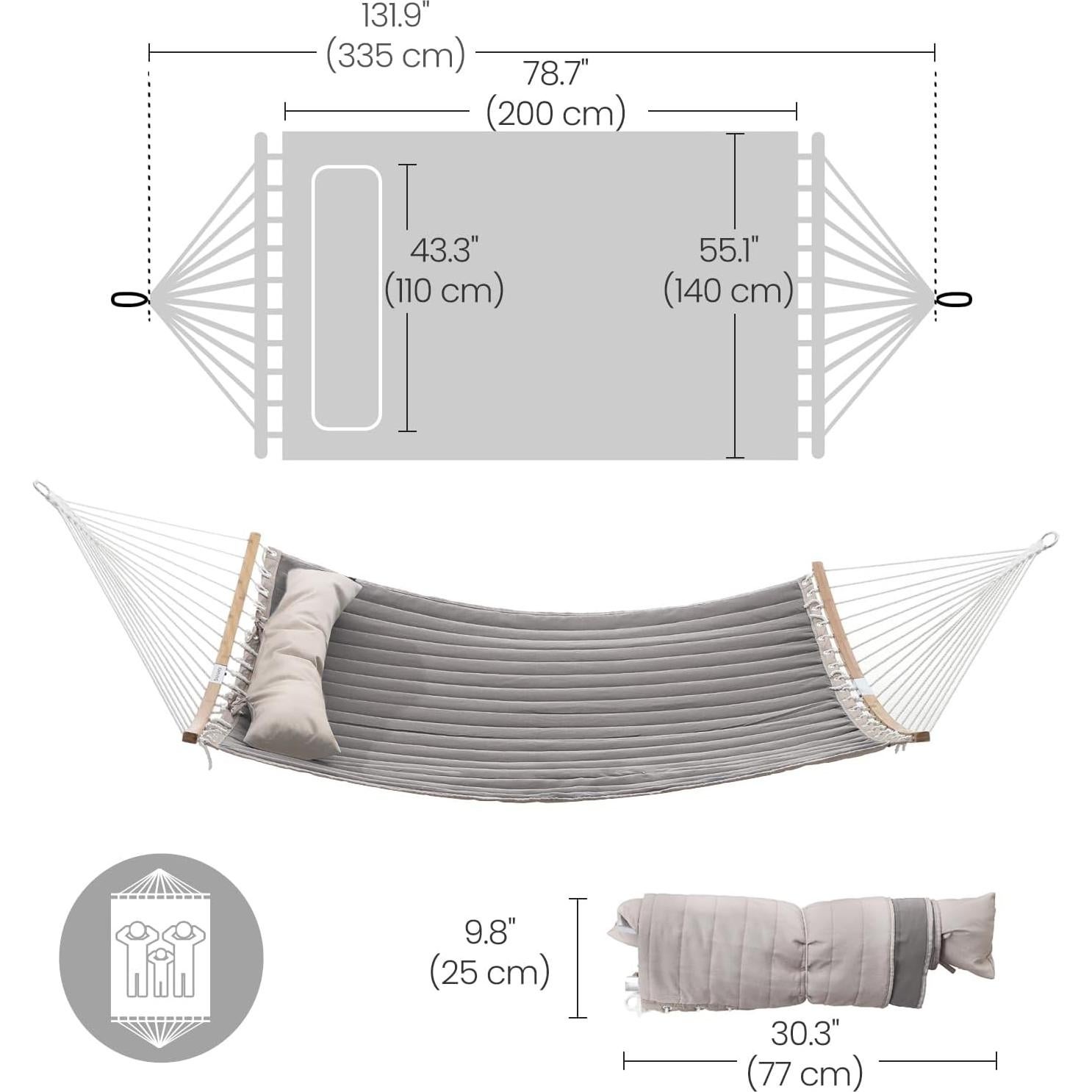 SONGMICS Hammock, Quilted Hammock with Curved Bamboo Spreaders, Pillow, 78.7 x 55.1 Inches, Portable Padded Hammock Holds up to 495 lb, Gray and Beige UGDC34CG