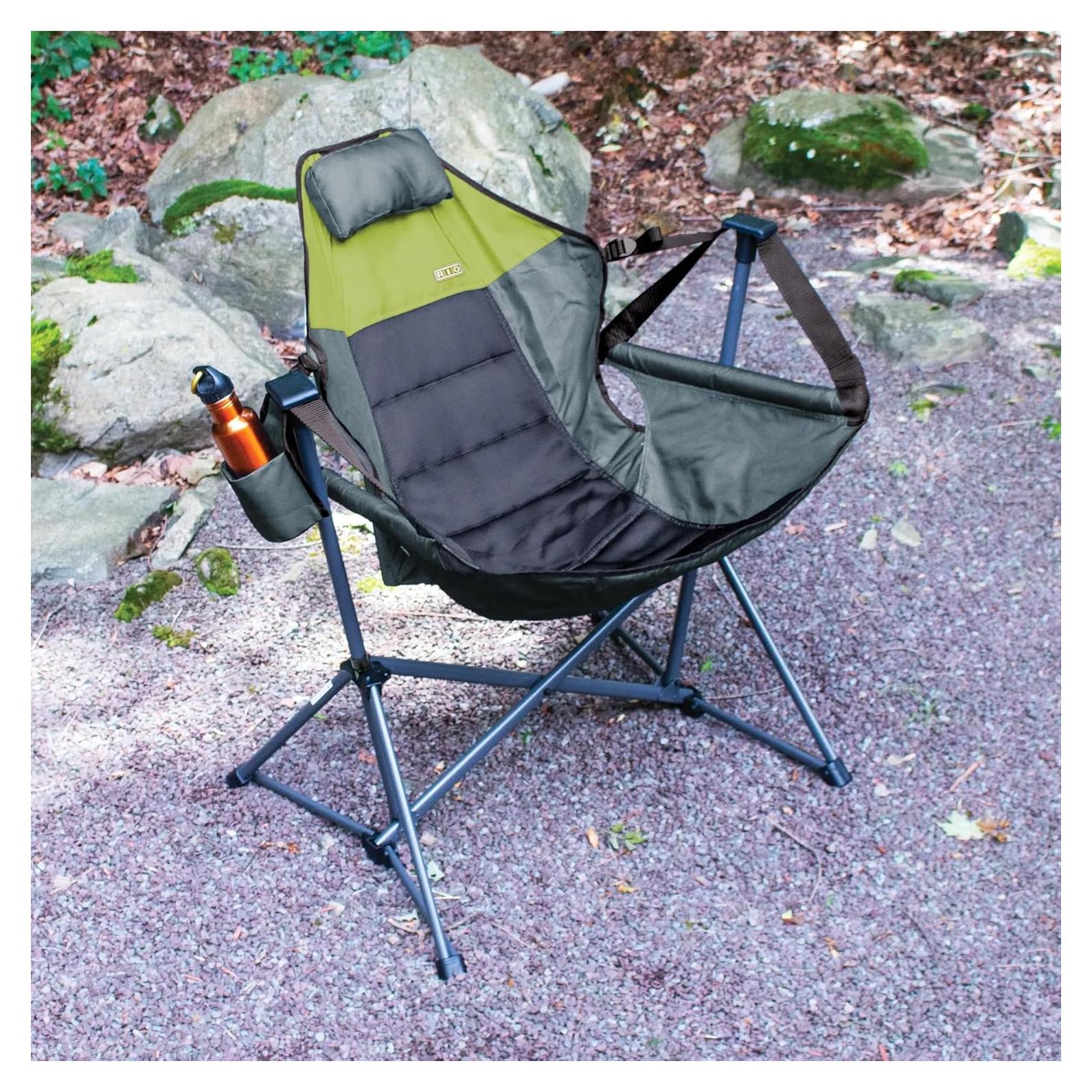 RIO Hammock Camping Chair, Steel, Adjustable Back, Swinging Chair, Folding Rocking Chair with Pillow Cup Holder, Recliner for Outdoor Travel, Water Resistant, Sports Games, Lawn Concerts Backyard