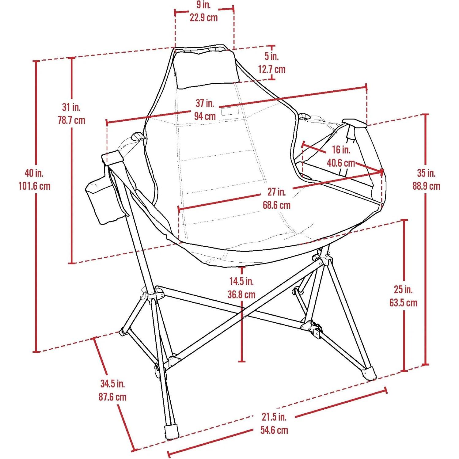 RIO Hammock Camping Chair, Steel, Adjustable Back, Swinging Chair, Folding Rocking Chair with Pillow Cup Holder, Recliner for Outdoor Travel, Water Resistant, Sports Games, Lawn Concerts Backyard
