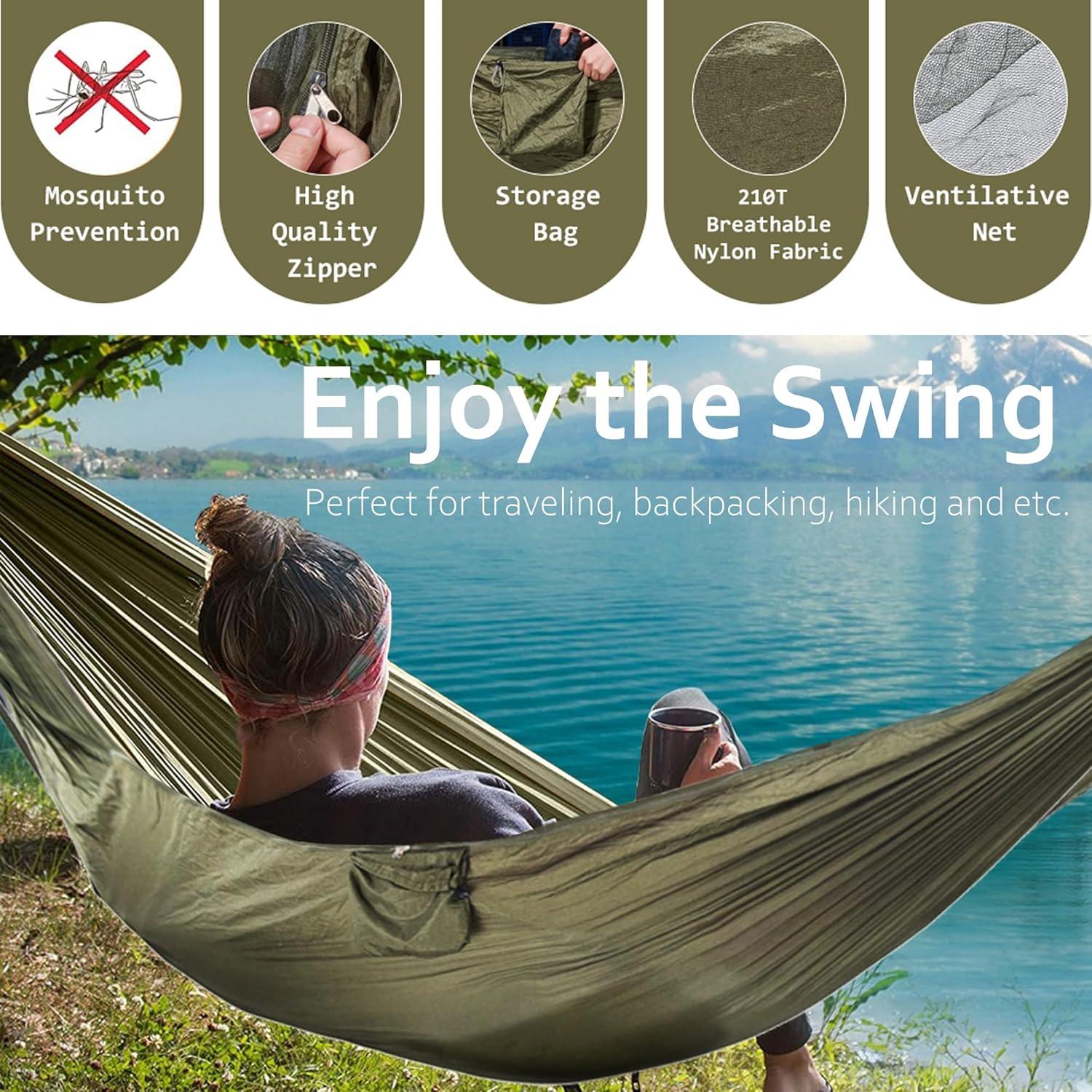 Hamaca de Camping AuMoHall con Red Mosquitera 2.60x1.40m Verde