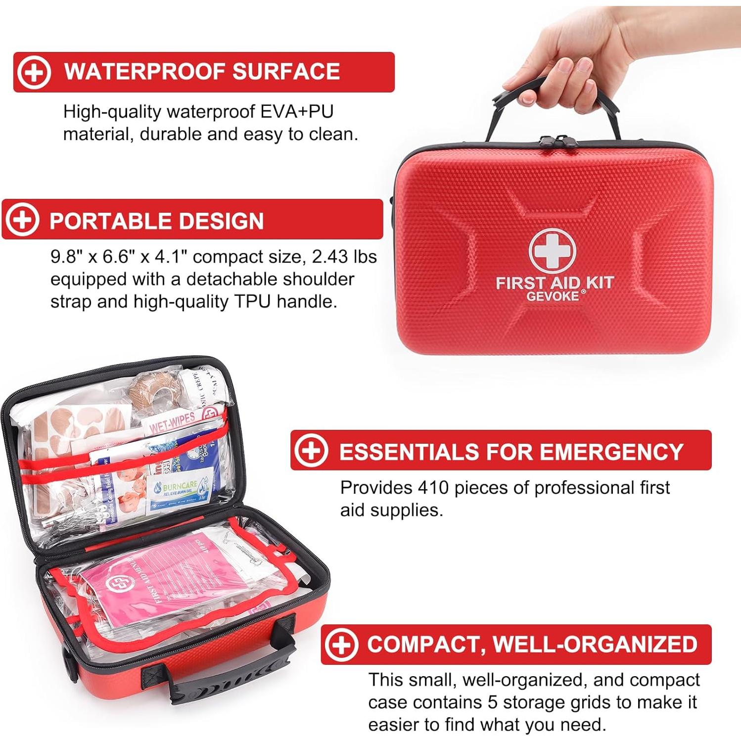 Kit de Primeros Auxilios GEVOKE 410 Piezas Impermeable Rojo