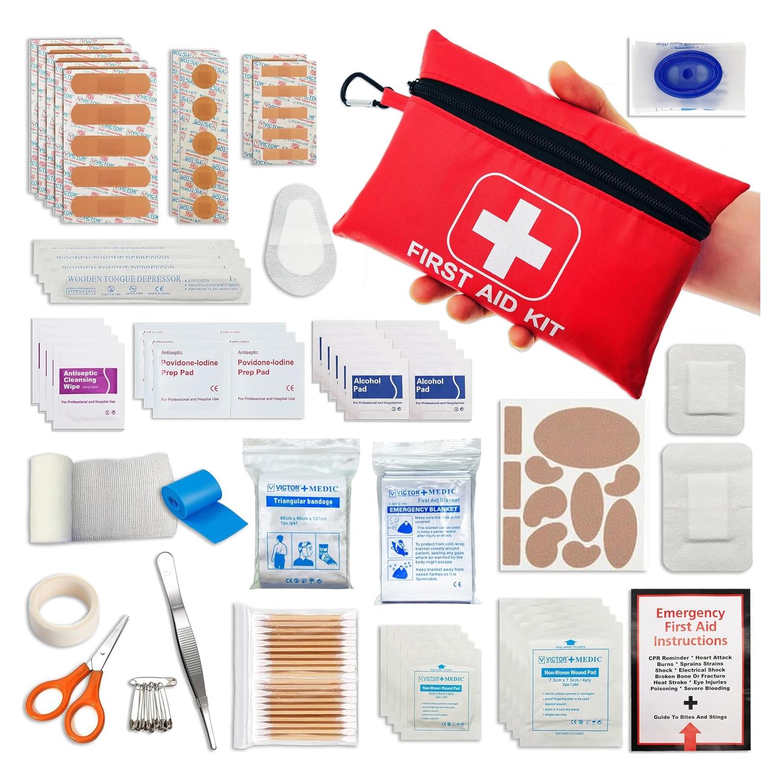 Small Emergency First Aid Kit Including 166 Pieces of Supplies to Clean, Treat, and Protect Minor Injuries for Outdoors, Camping, Auto, Home, and Workplace