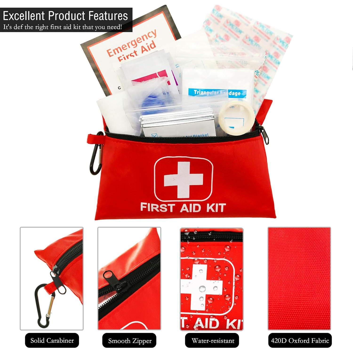 Small Emergency First Aid Kit Including 166 Pieces of Supplies to Clean, Treat, and Protect Minor Injuries for Outdoors, Camping, Auto, Home, and Workplace