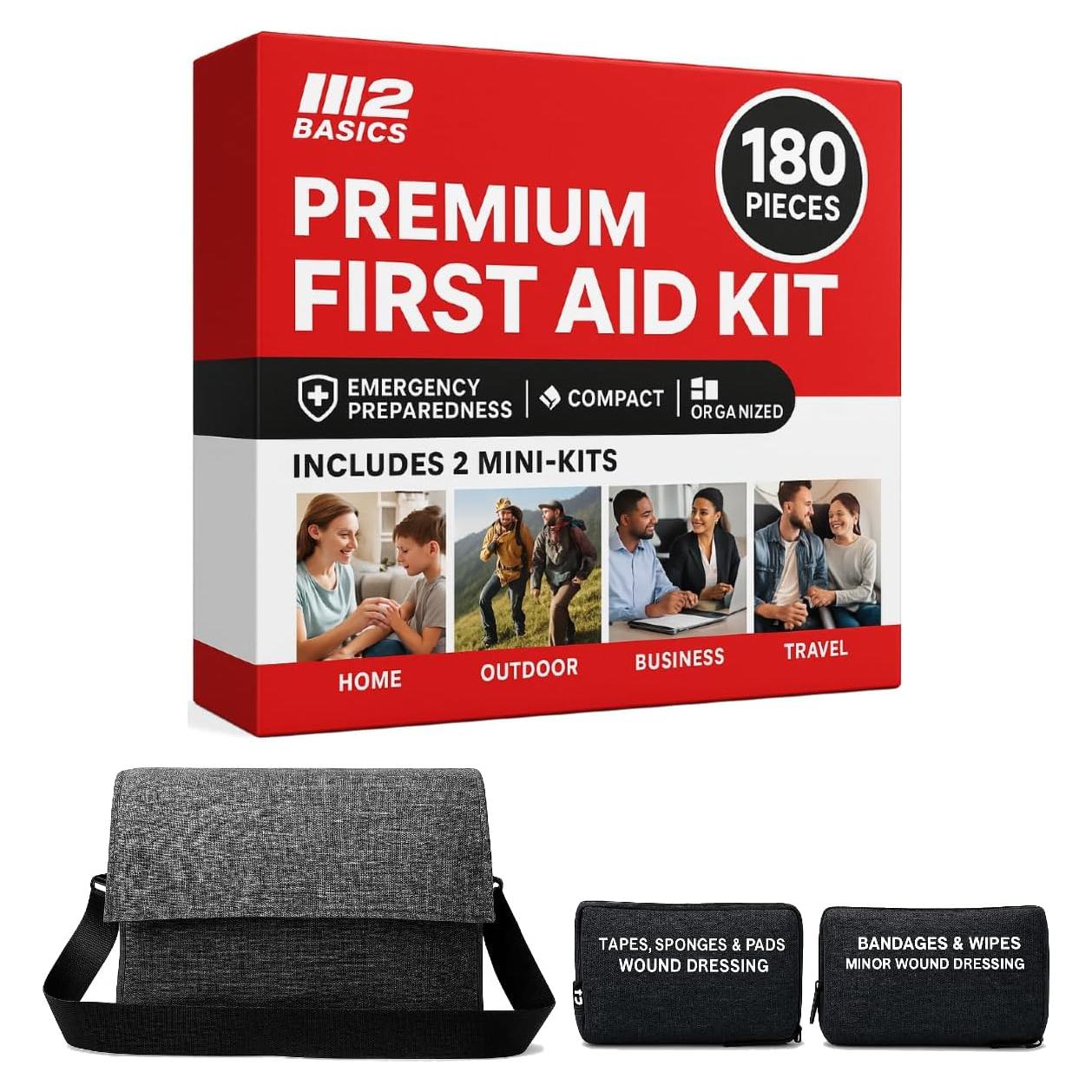 M2 BASICS Premium First Aid Kit (Includes 2 Mini Kits + Stylish Bag) Executive Gray | First Aid Kit Car, Camping Essentials, FSA Eligible Items Only List, Car Accessories, Hiking Gear, Dorm Essentials