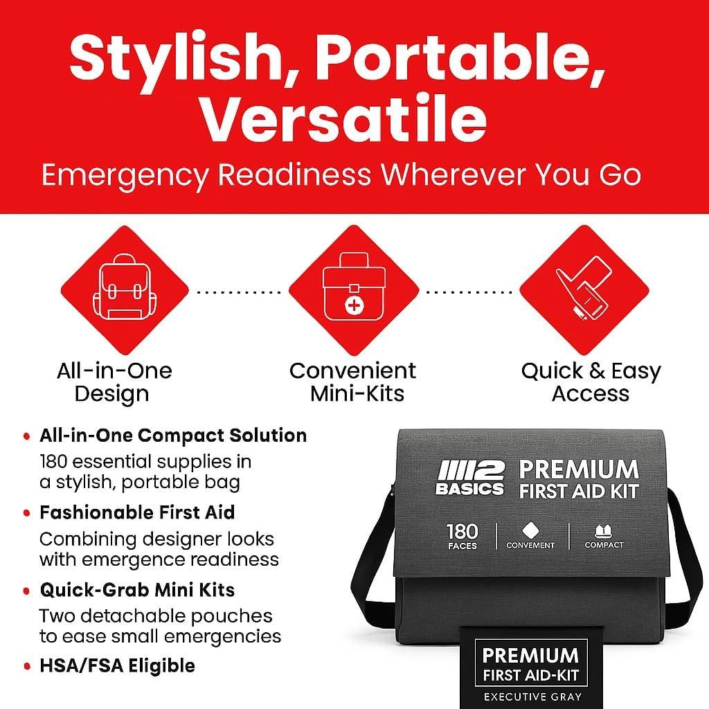 M2 BASICS Premium First Aid Kit (Includes 2 Mini Kits + Stylish Bag) Executive Gray | First Aid Kit Car, Camping Essentials, FSA Eligible Items Only List, Car Accessories, Hiking Gear, Dorm Essentials