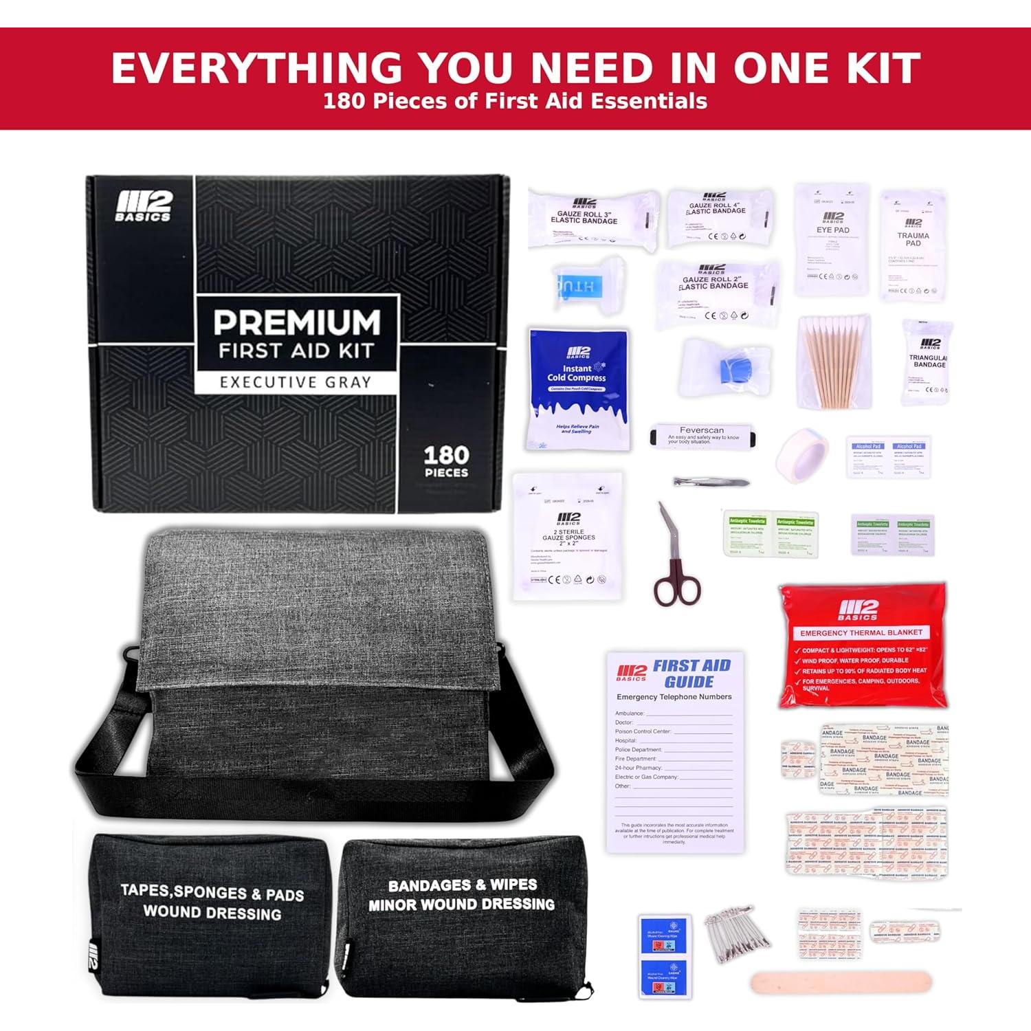 M2 BASICS Premium First Aid Kit (Includes 2 Mini Kits + Stylish Bag) Executive Gray | First Aid Kit Car, Camping Essentials, FSA Eligible Items Only List, Car Accessories, Hiking Gear, Dorm Essentials