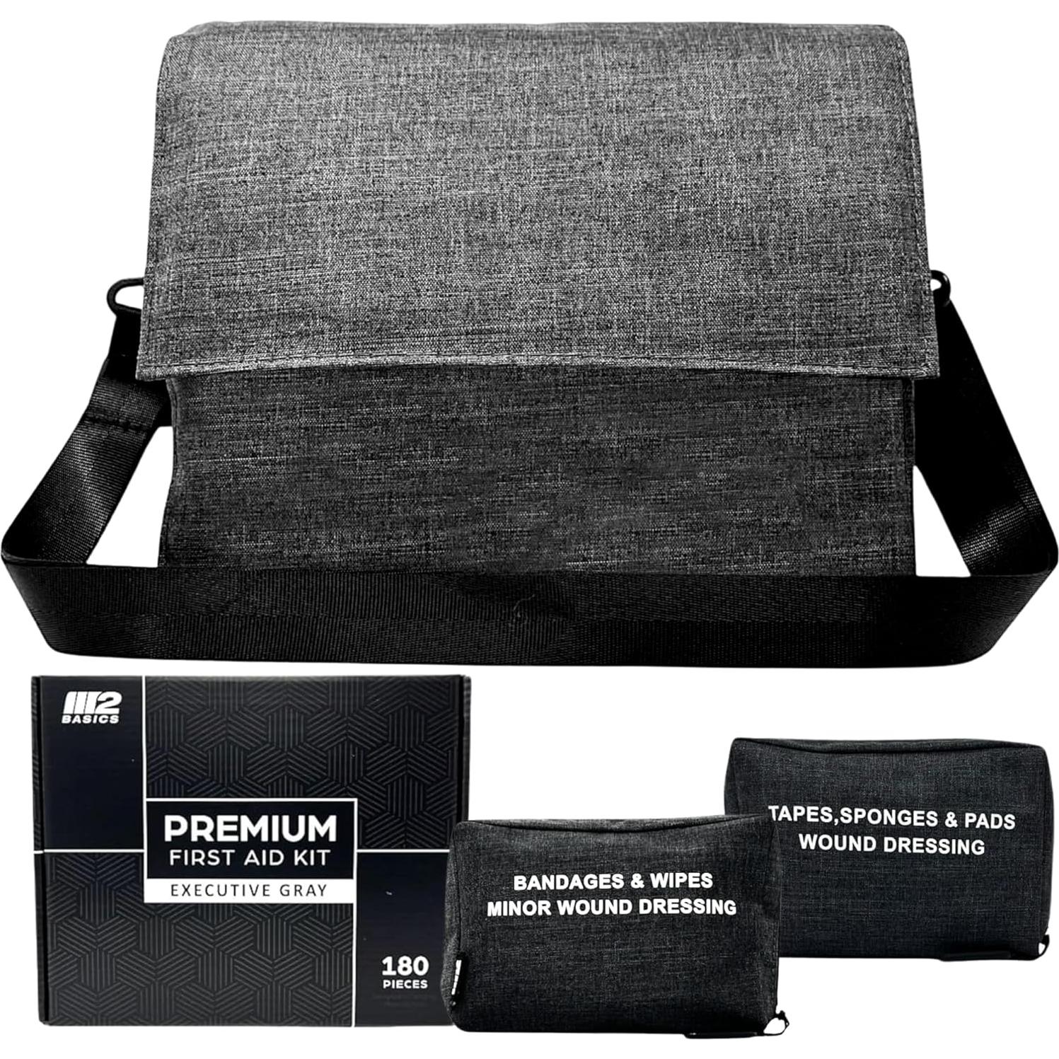 M2 BASICS Premium First Aid Kit (Includes 2 Mini Kits + Stylish Bag) Executive Gray | First Aid Kit Car, Camping Essentials, FSA Eligible Items Only List, Car Accessories, Hiking Gear, Dorm Essentials