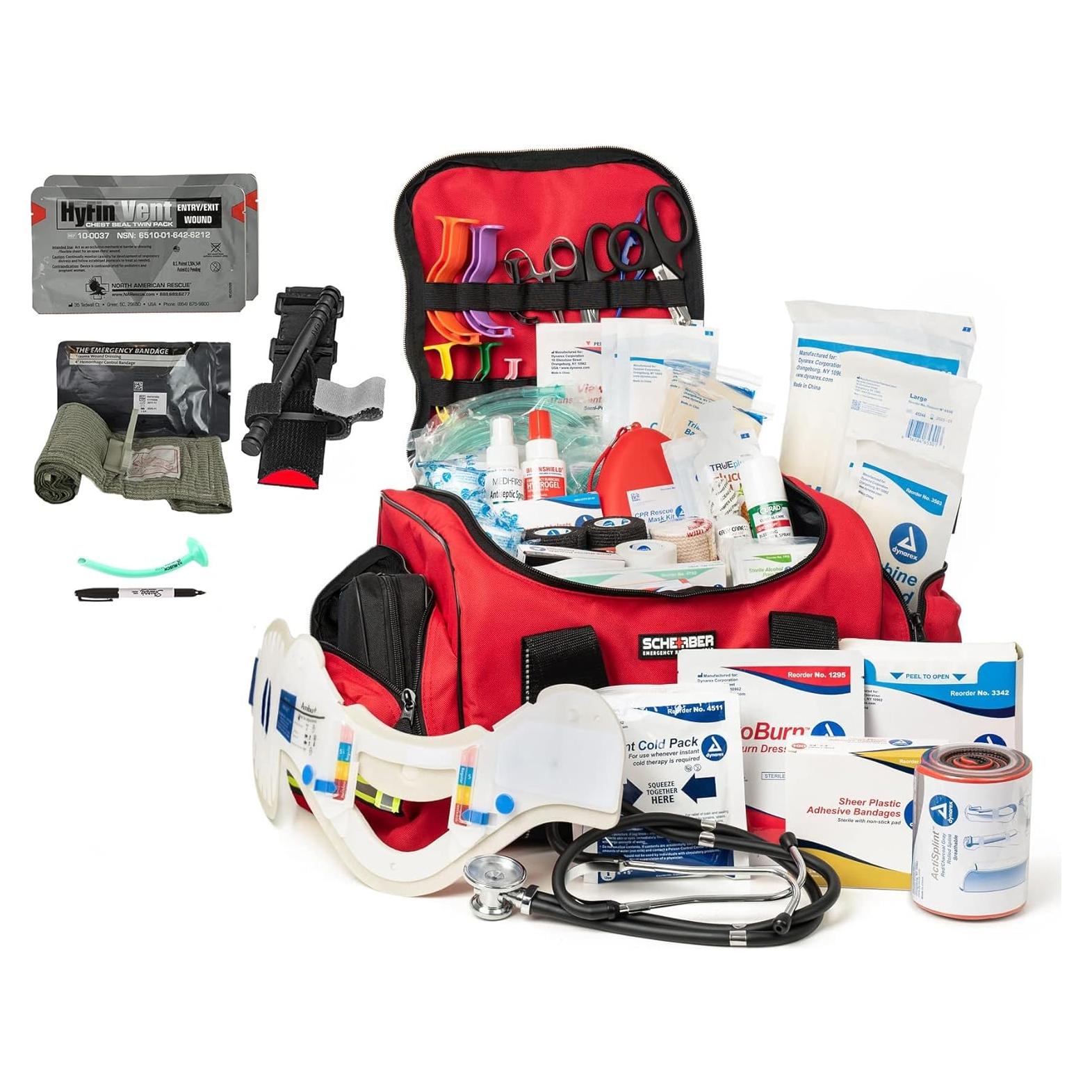 Bolsa de Primeros Auxilios Scherber Roja | Kit Médico Profesional EMT con 250 Suministros