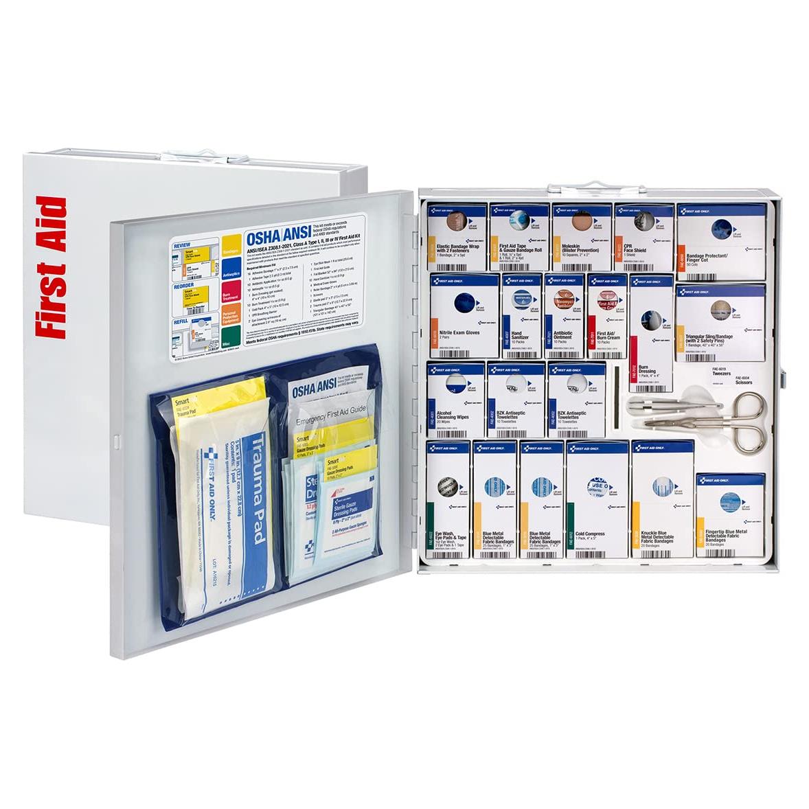 First Aid Only 746005 SmartCompliance 50-Person ANSI 2021 A and OSHA Compliant First Aid Cabinet for Restaurant Kitchen, Cafeteria, and Other Food Service Venues, Large Metal Cabinet