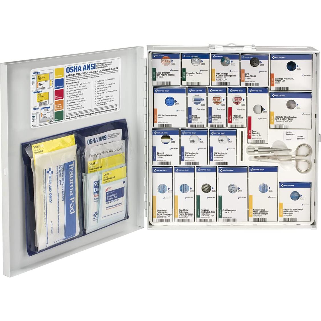 First Aid Only 746005 SmartCompliance 50-Person ANSI 2021 A and OSHA Compliant First Aid Cabinet for Restaurant Kitchen, Cafeteria, and Other Food Service Venues, Large Metal Cabinet