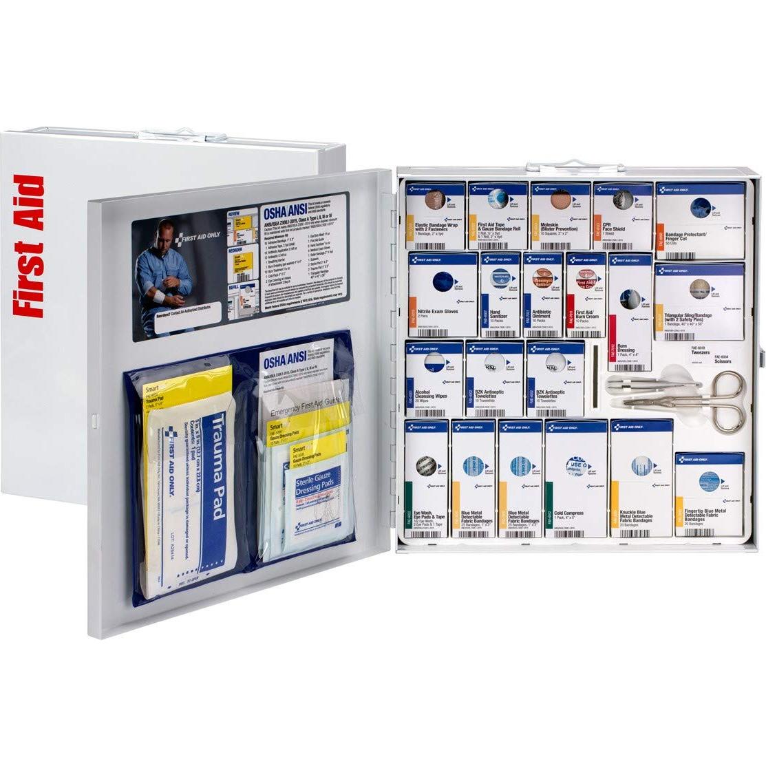 First Aid Only 746005 SmartCompliance 50-Person ANSI 2021 A and OSHA Compliant First Aid Cabinet for Restaurant Kitchen, Cafeteria, and Other Food Service Venues, Large Metal Cabinet