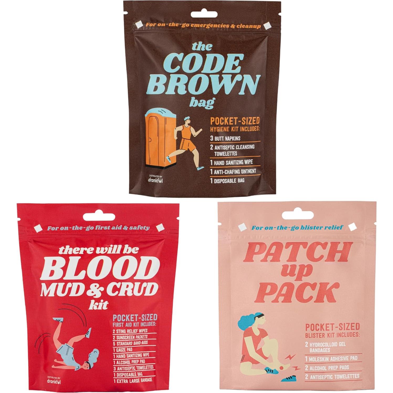 Portable Travel Kits - Code Brown Bag, There Will be Blood, Mud & Crud Kit, Patch Up Pack, Pocket-Sized, for On-The-Go, for Running, Camping, Hiking, and Outdoors