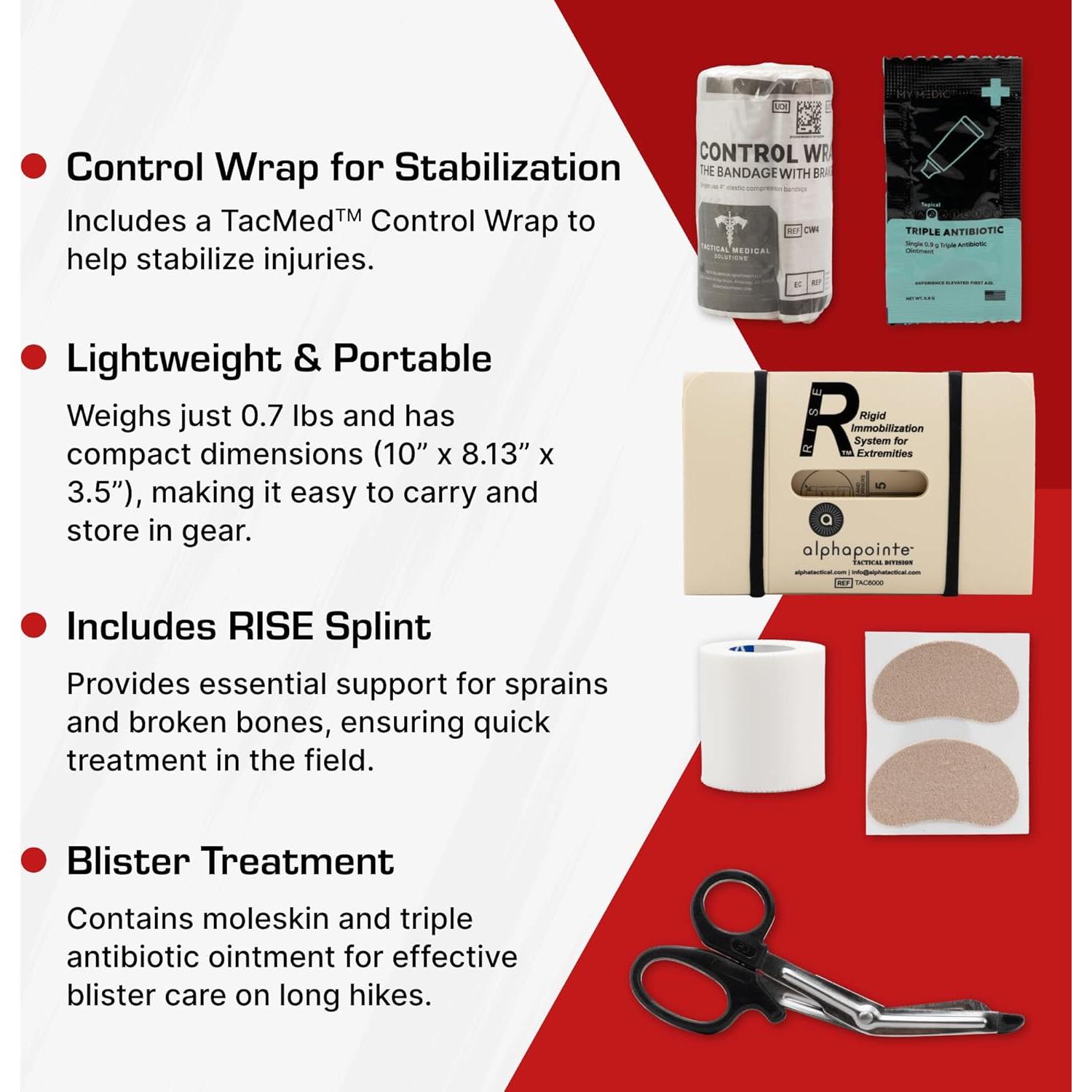 Kit de Primeros Auxilios TacMed Hiker con Férula RISE y Bolsa Impermeable
