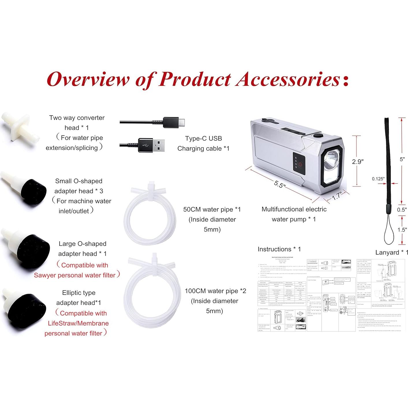 Mini Bomba de Agua de Emergencia NNOOAADIO 1000ml/min con Filtro