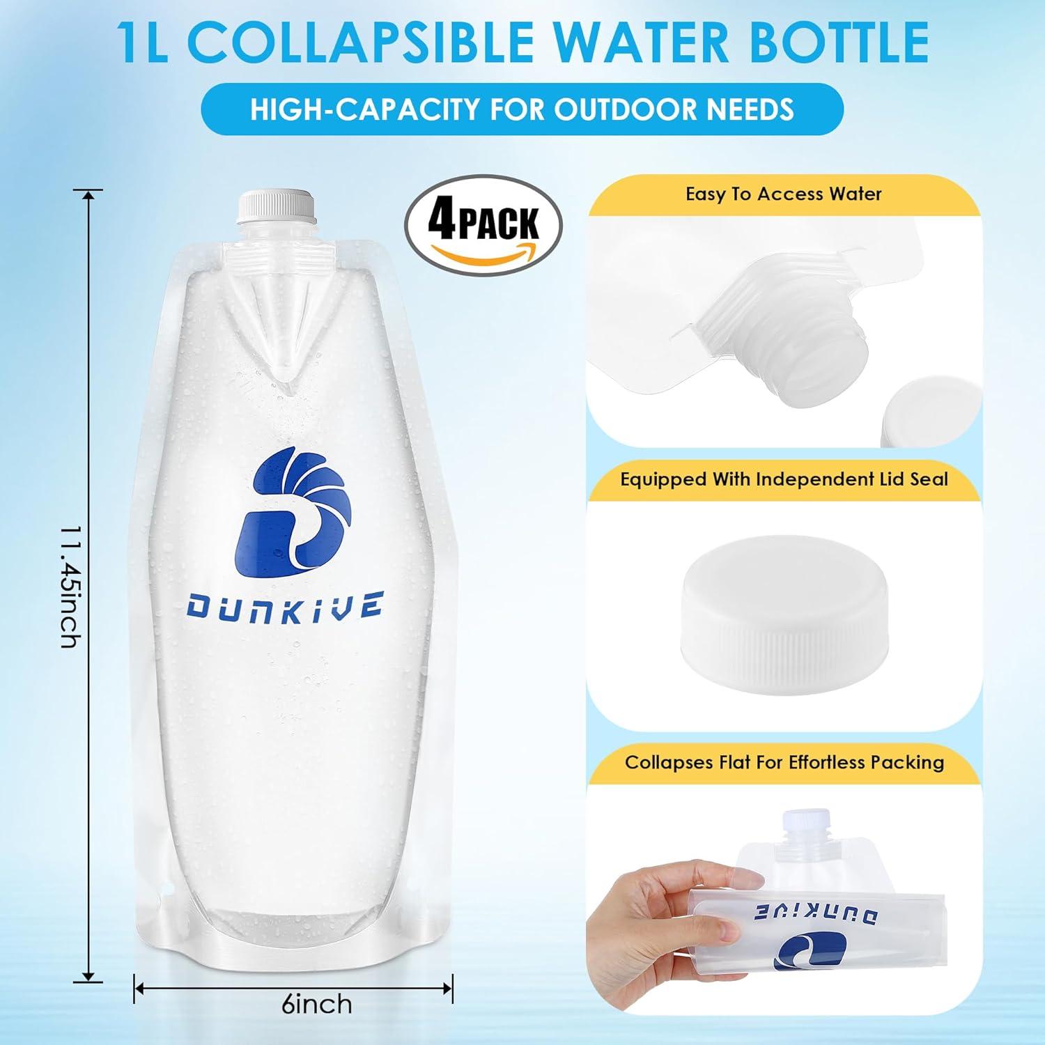 Botellas de Agua Plegables Dunkive 1L - Pack de 4 Transparentes