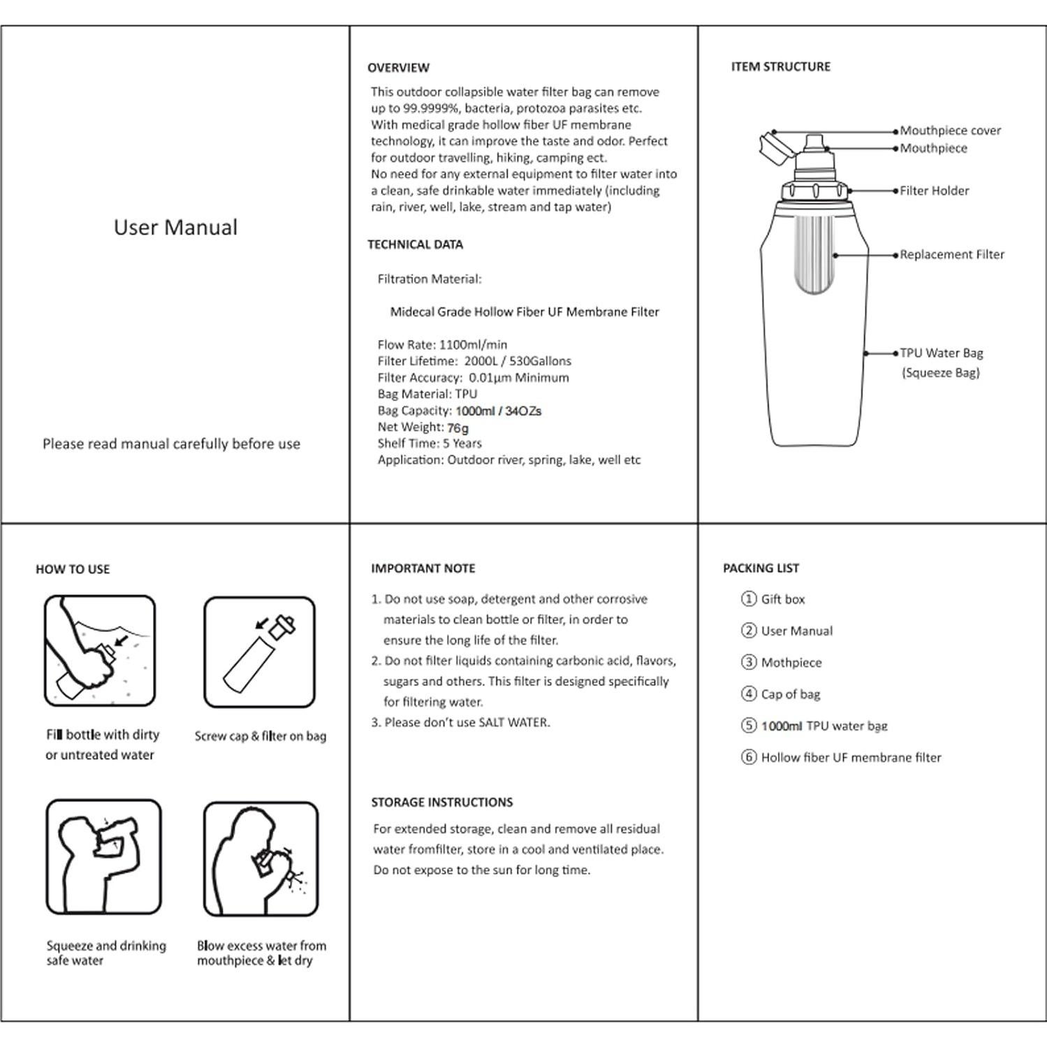 Filtro de Agua Portátil Hitdudu 1L - Filtración 0.01 Micrones