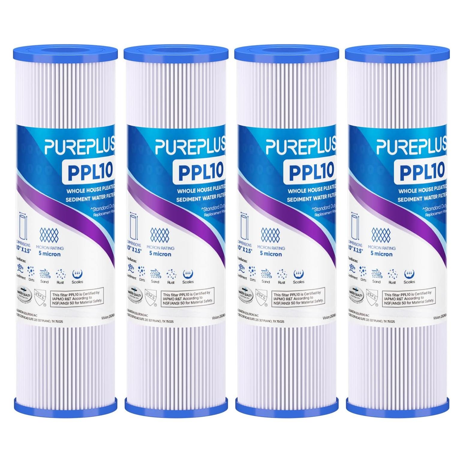 5 Micron 10"x2.5" Whole House Pleated Sediment Filter for Well Water, Replacement Cartridge for Universal 10 inch RO System, W50PE, WFPFC3002, SPC-25-1050, FM-50-975, 801-50, WB-50W, 4Pack
